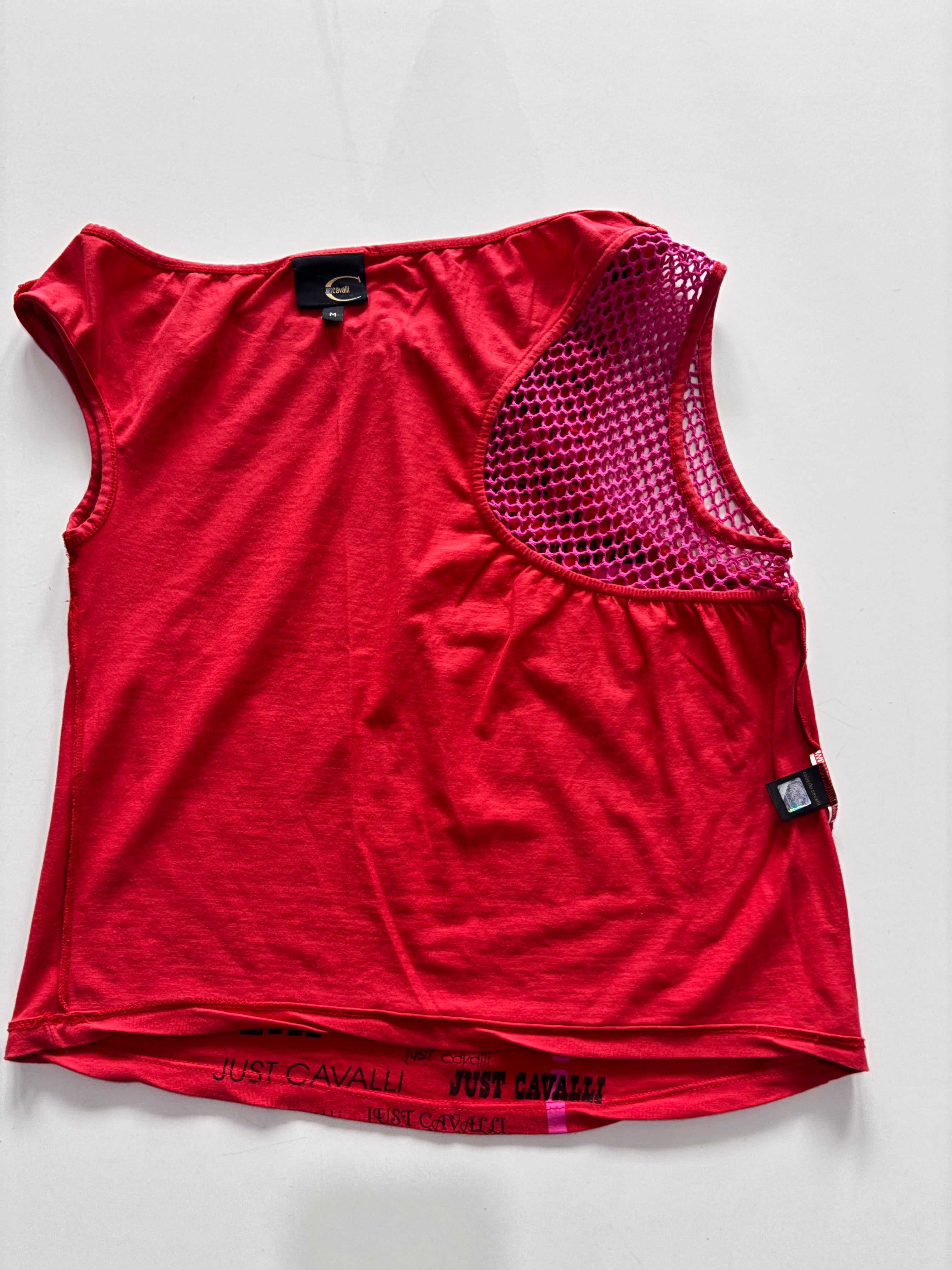 Just Cavalli Y2K Logo Mesh Top – Red Asymmetric Shoulder (UK M)