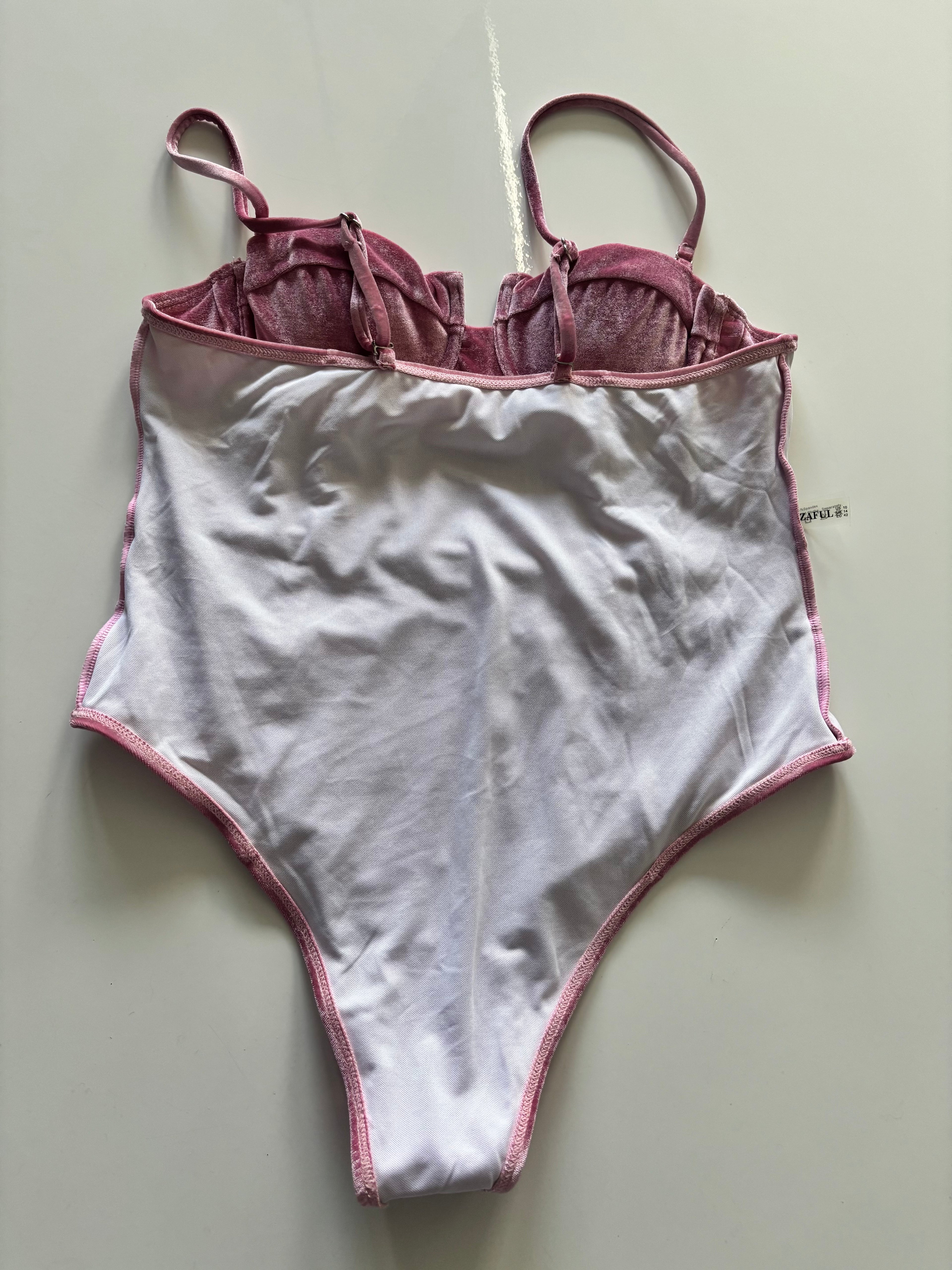 Zaful Pink Velvet Bodysuit – Underwired Y2K Party Top – UK 12–14