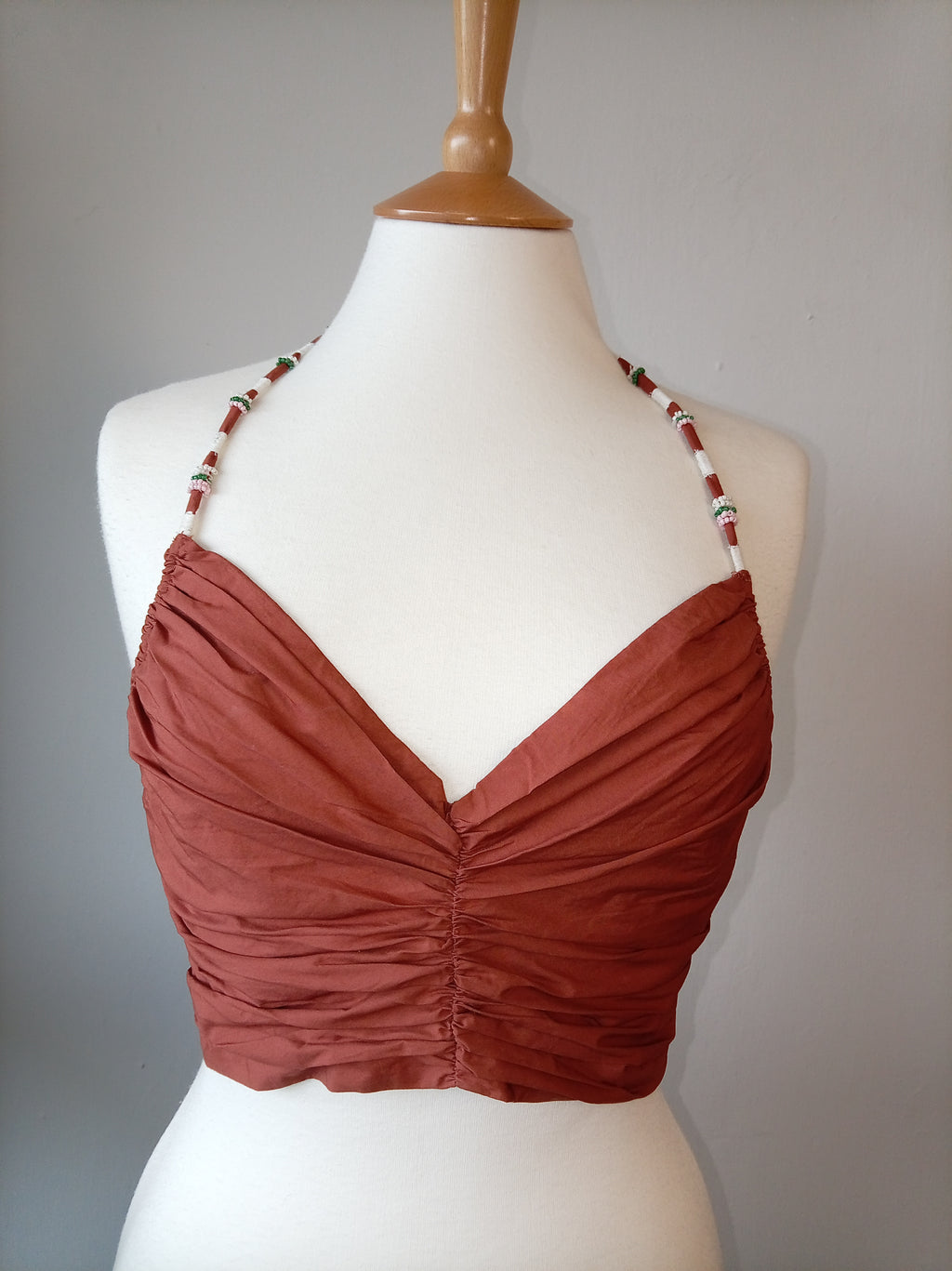 Zara Ruched Beaded Halter Crop Top – Rust – Size M