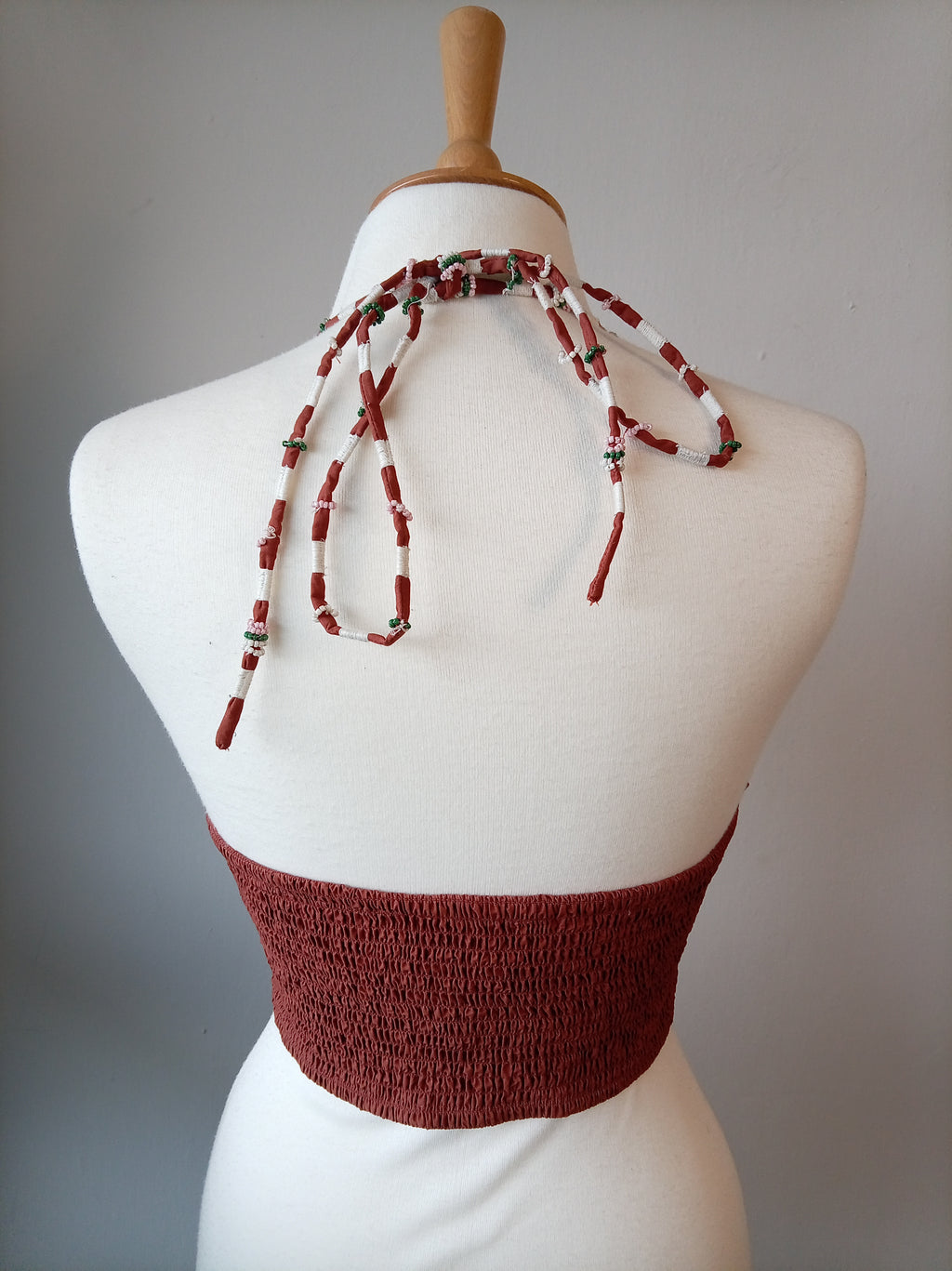 Zara Ruched Beaded Halter Crop Top – Rust – Size M
