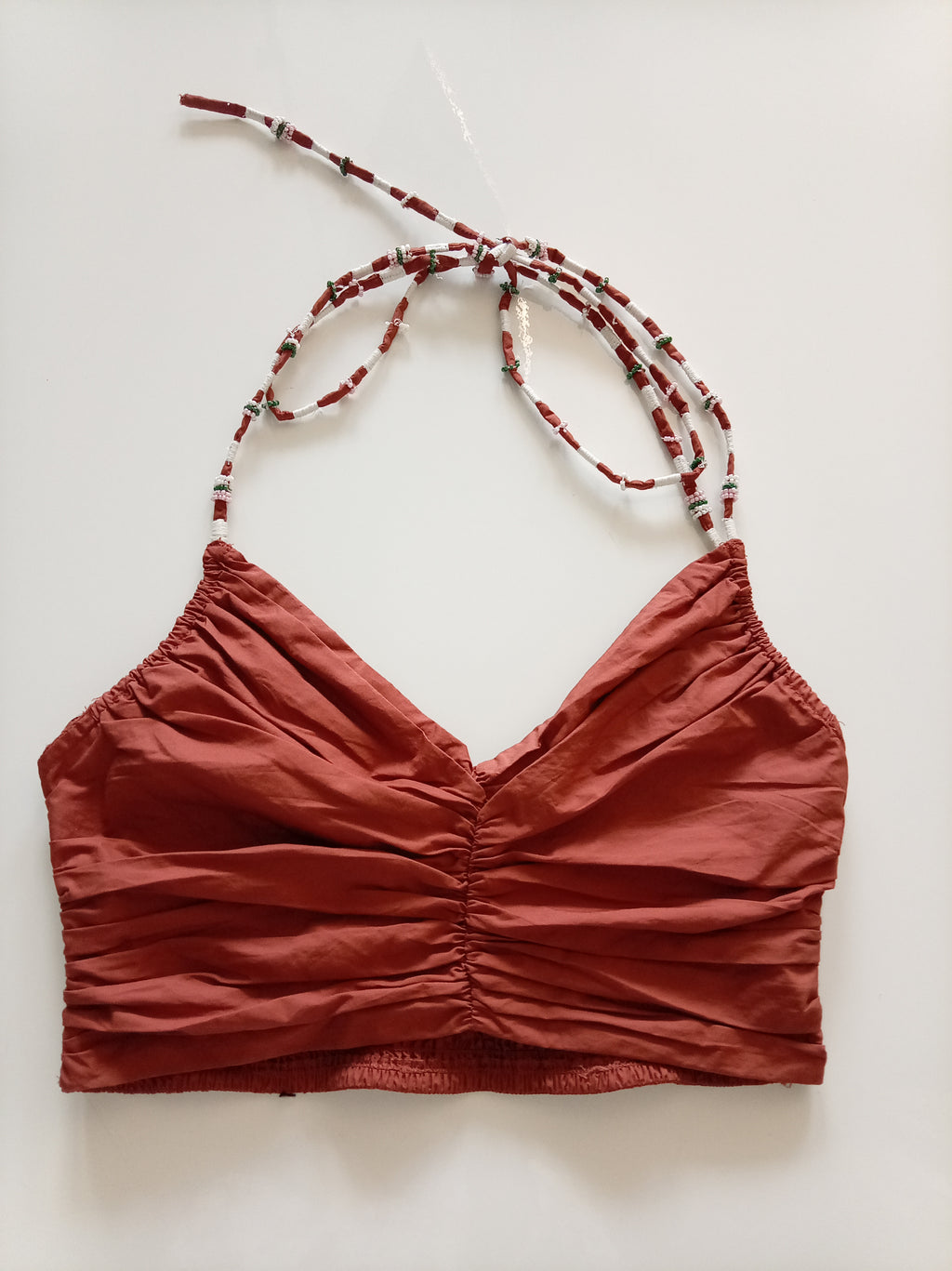 Zara Ruched Beaded Halter Crop Top – Rust – Size M