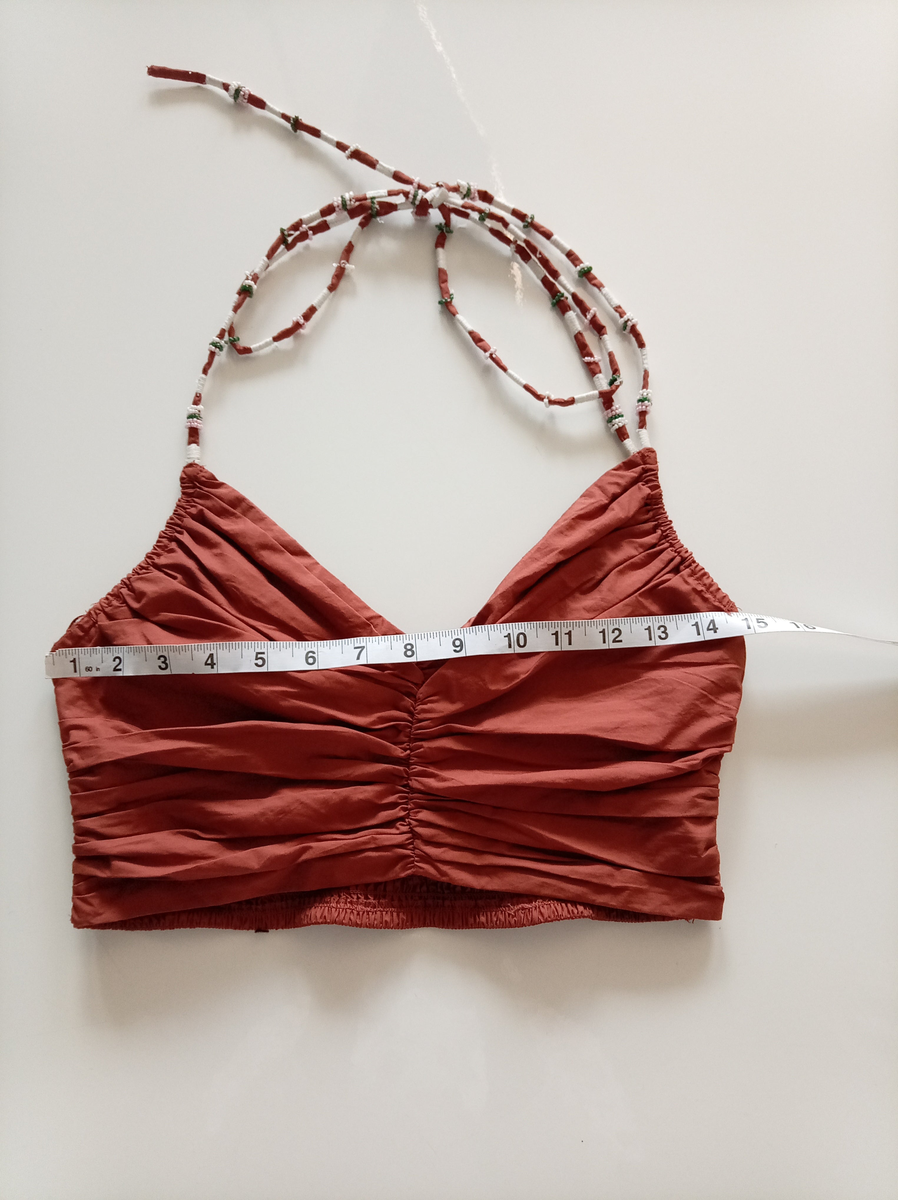 Zara Ruched Beaded Halter Crop Top – Rust – Size M