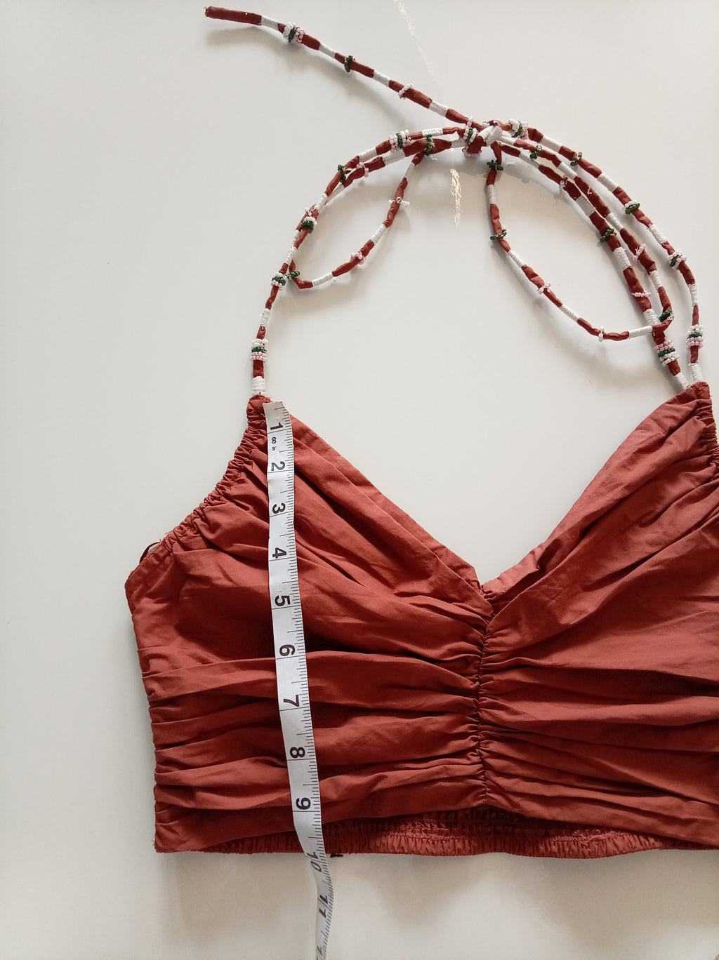 Zara Ruched Beaded Halter Crop Top – Rust – Size M