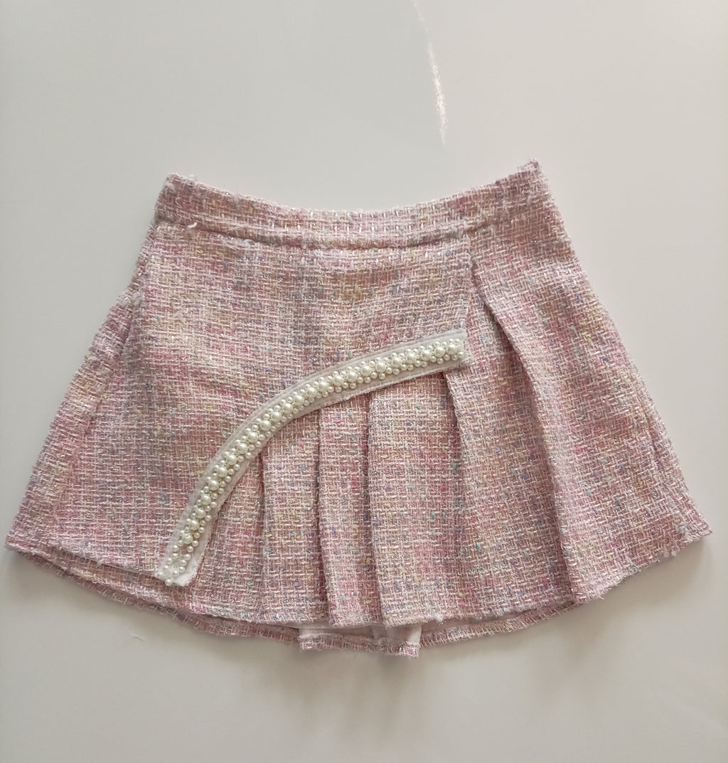 Pink Tweed Pearl Detail Pleated Mini Skirt Size L Unbranded