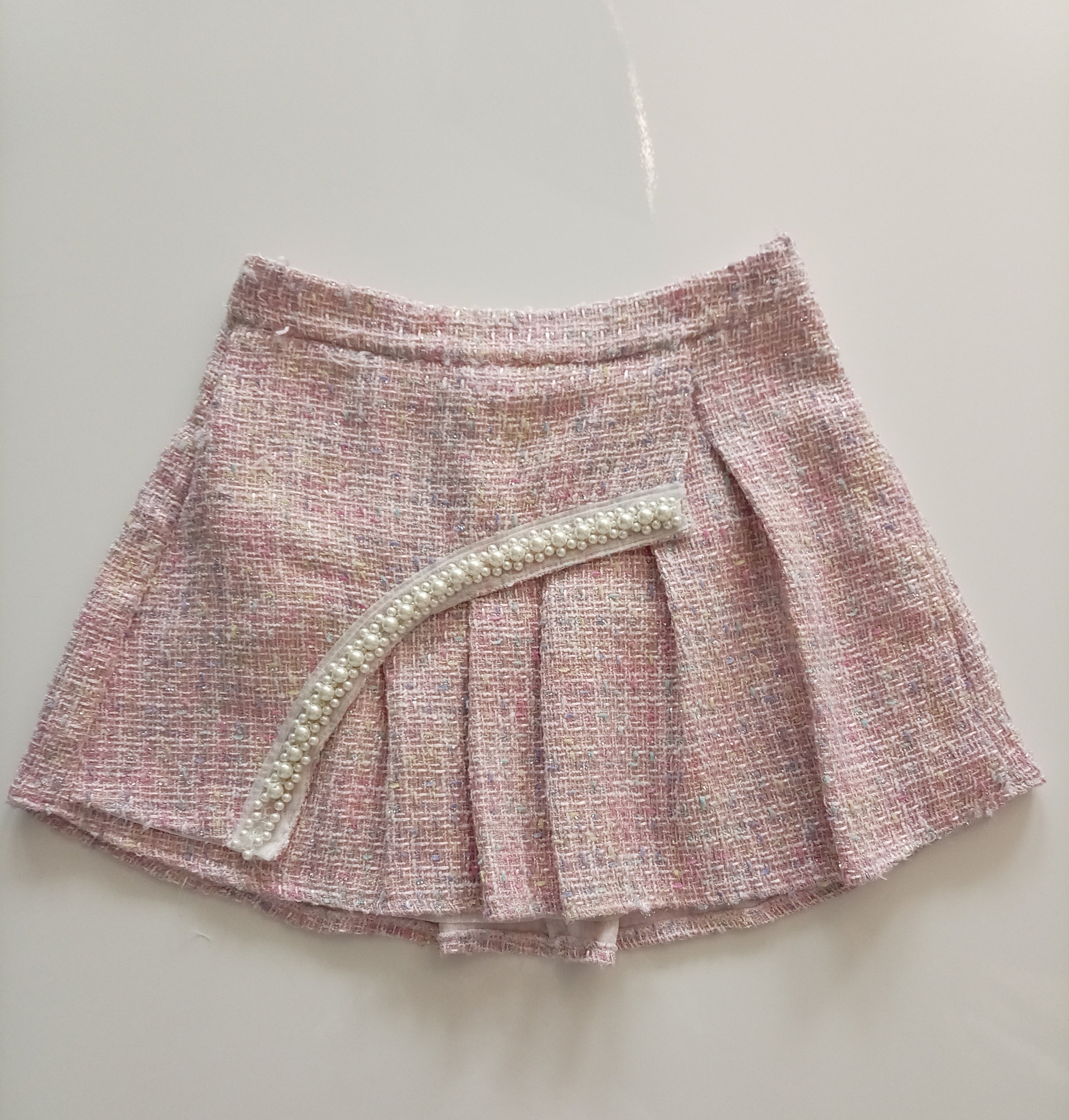 Pink Tweed Pearl Detail Pleated Mini Skirt Size L Unbranded