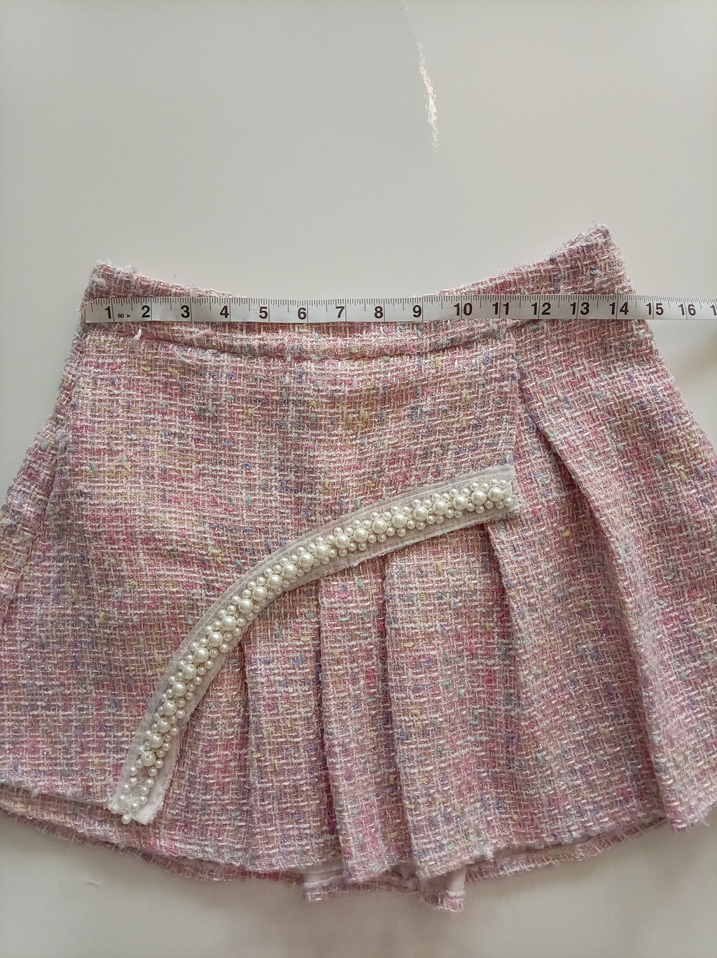 Pink Tweed Pearl Detail Pleated Mini Skirt Size L Unbranded