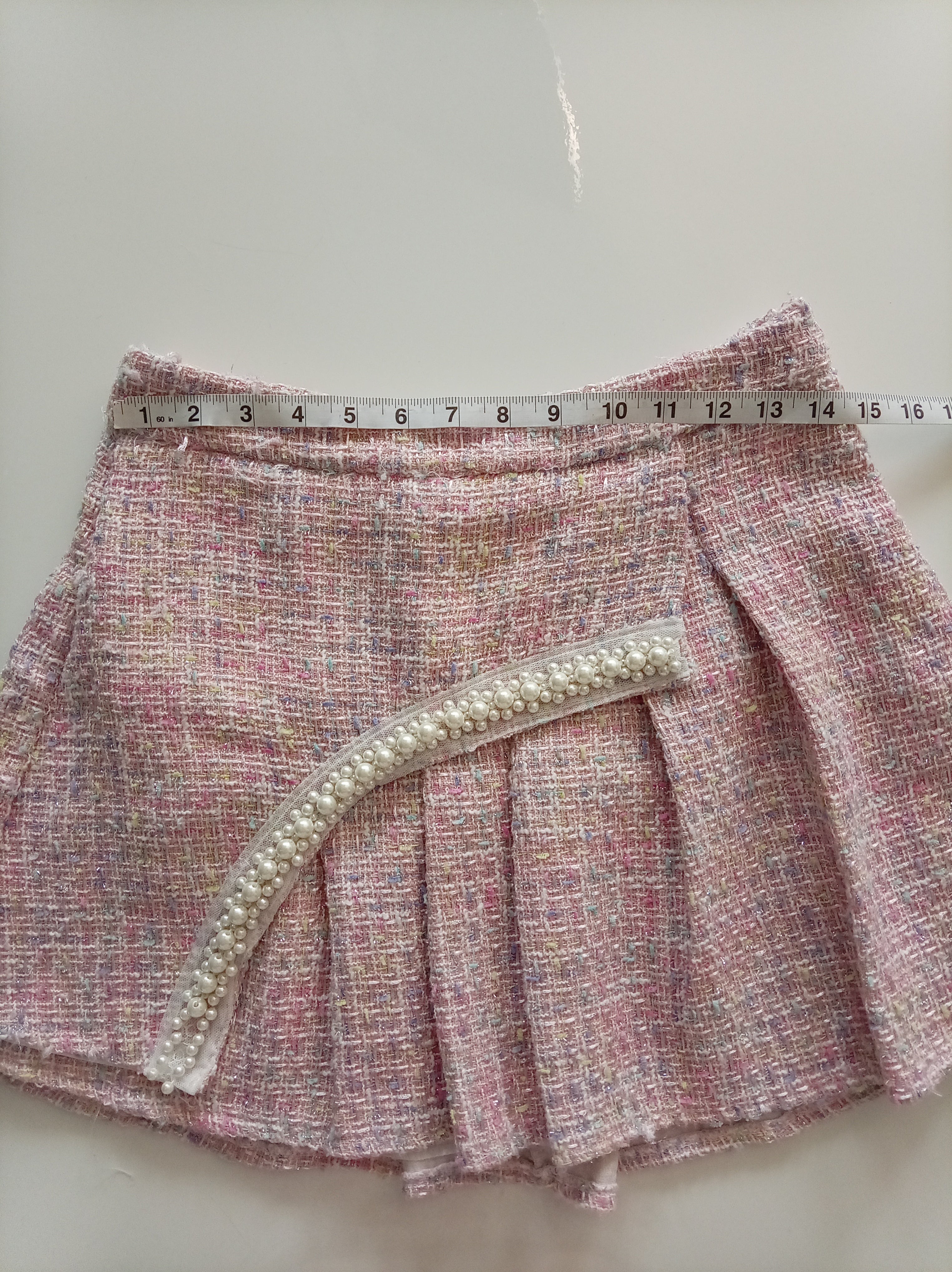 Pink Tweed Pearl Detail Pleated Mini Skirt Size L Unbranded