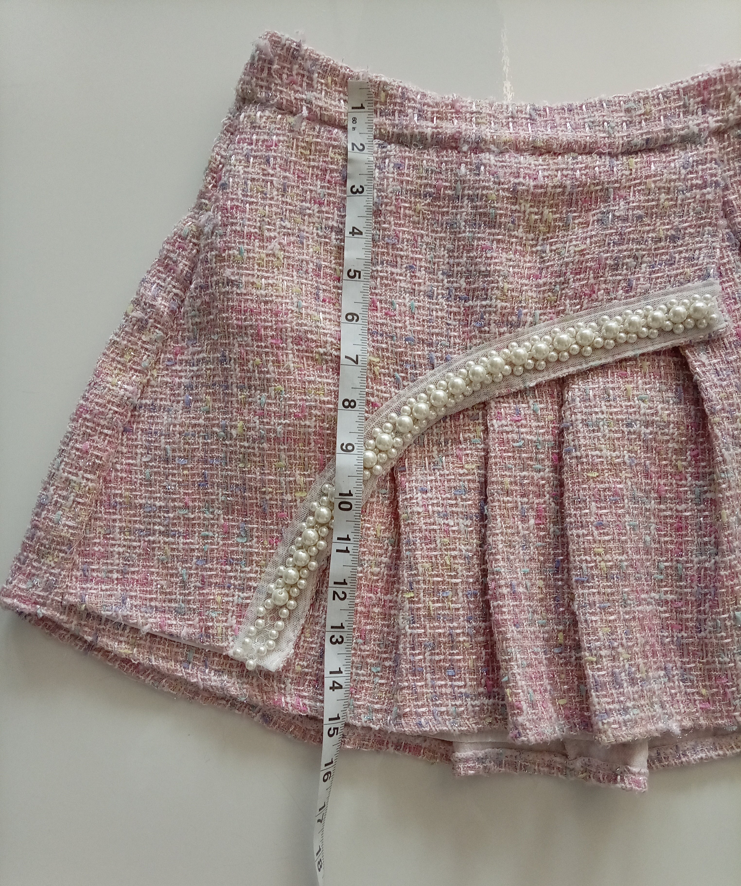Pink Tweed Pearl Detail Pleated Mini Skirt Size L Unbranded