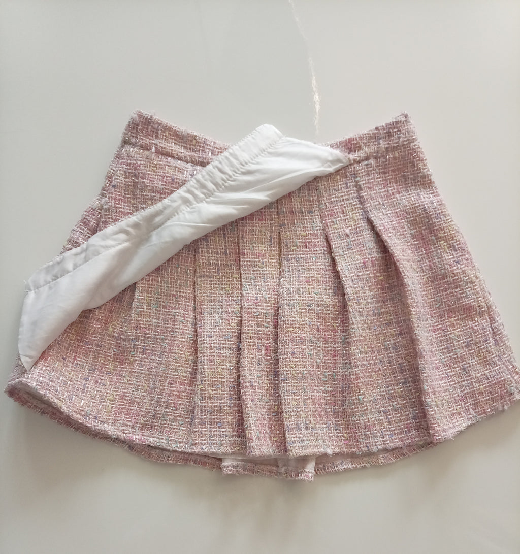 Pink Tweed Pearl Detail Pleated Mini Skirt Size L Unbranded