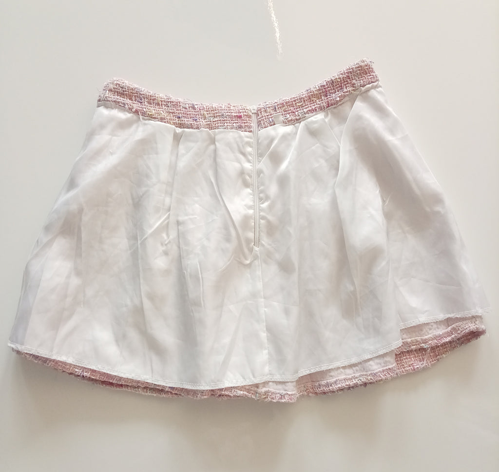 Pink Tweed Pearl Detail Pleated Mini Skirt Size L Unbranded