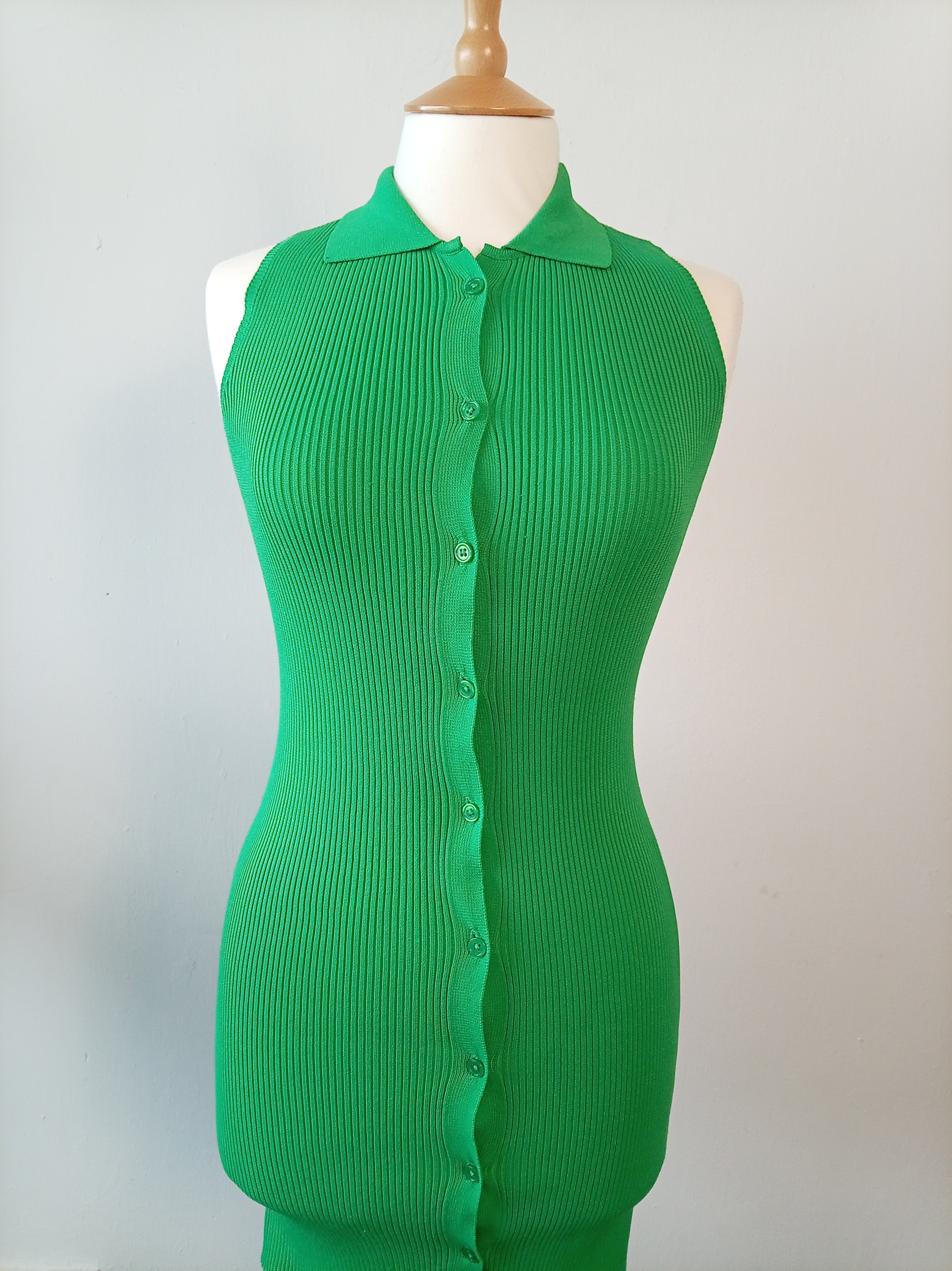 PrettyLittleThing Bright Green Ribbed Sleeveless Collared Button Front Midi Bodycon Dress XS