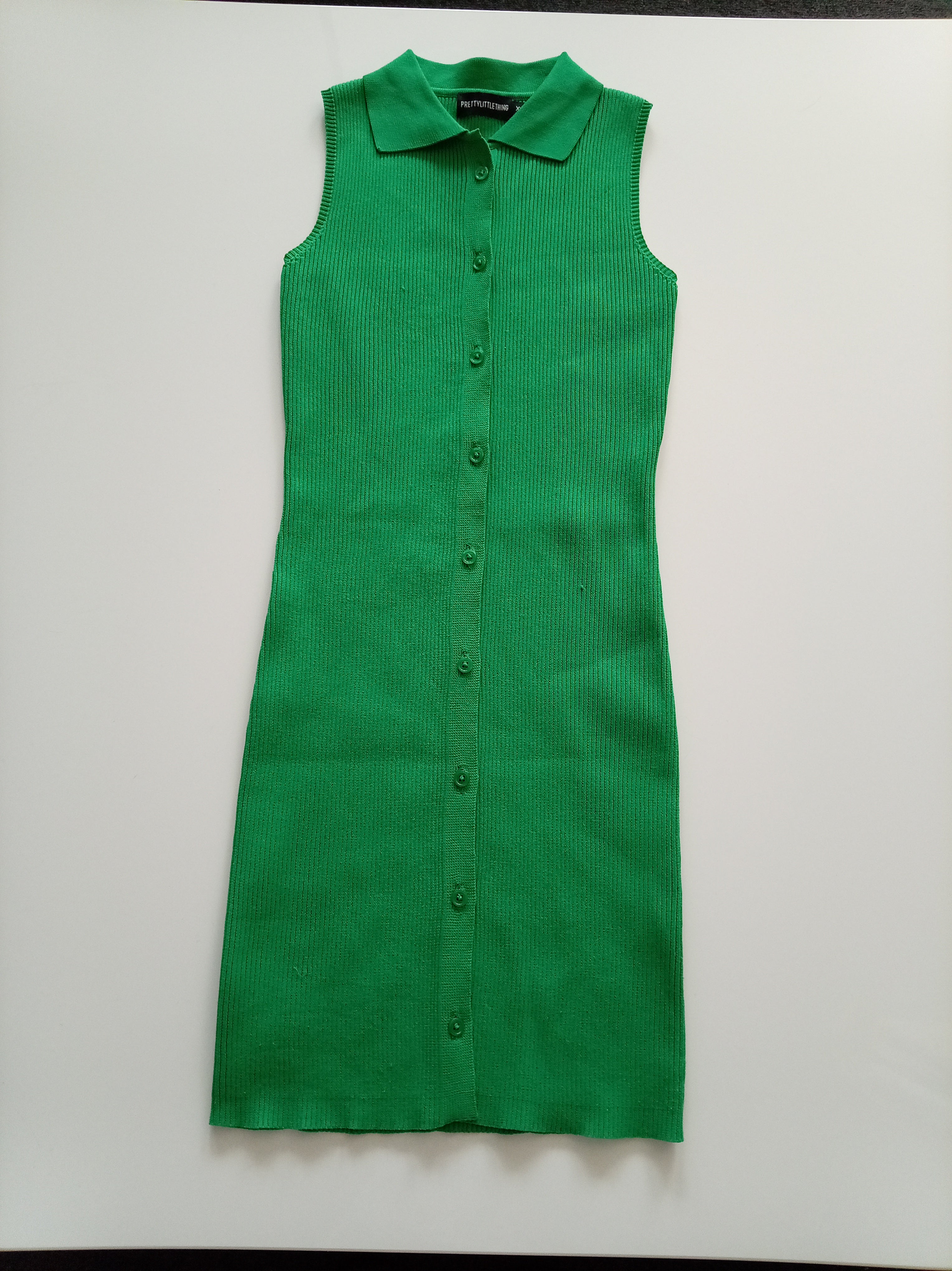 PrettyLittleThing Bright Green Ribbed Sleeveless Collared Button Front Midi Bodycon Dress XS