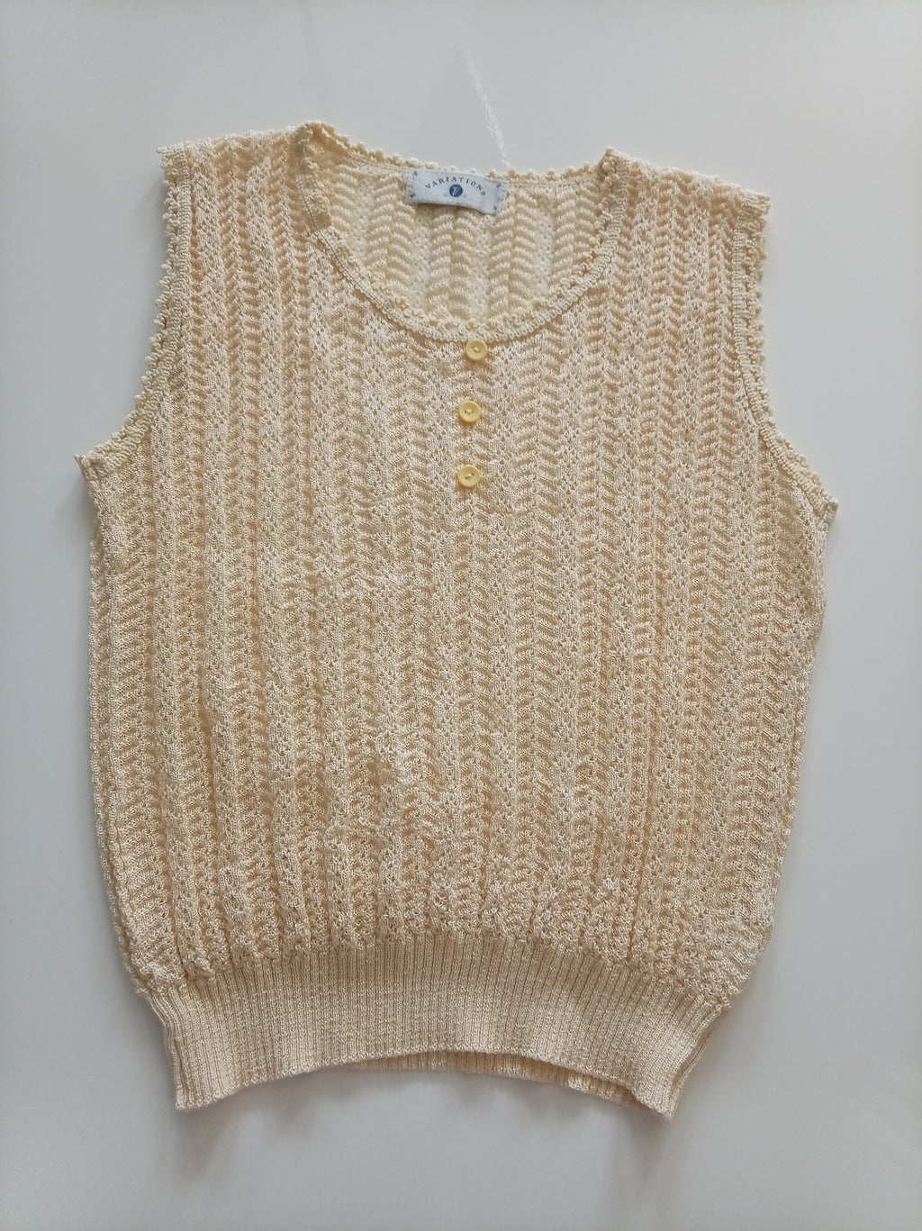 Vintage Variations Cream Textured Knit Sleeveless Tank Top Vest Pearl Button Detail UK 12