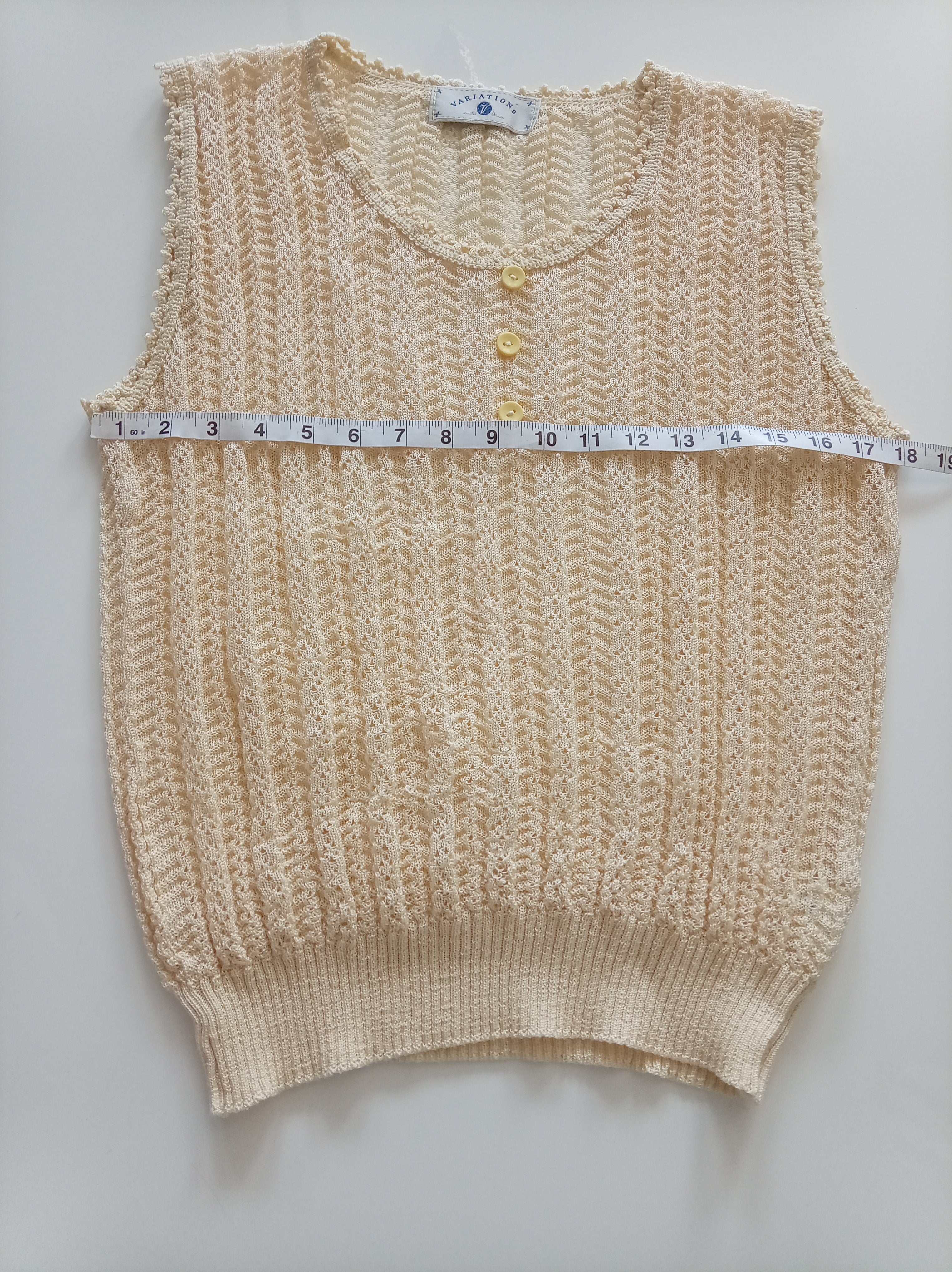 Vintage Variations Cream Textured Knit Sleeveless Tank Top Vest Pearl Button Detail UK 12