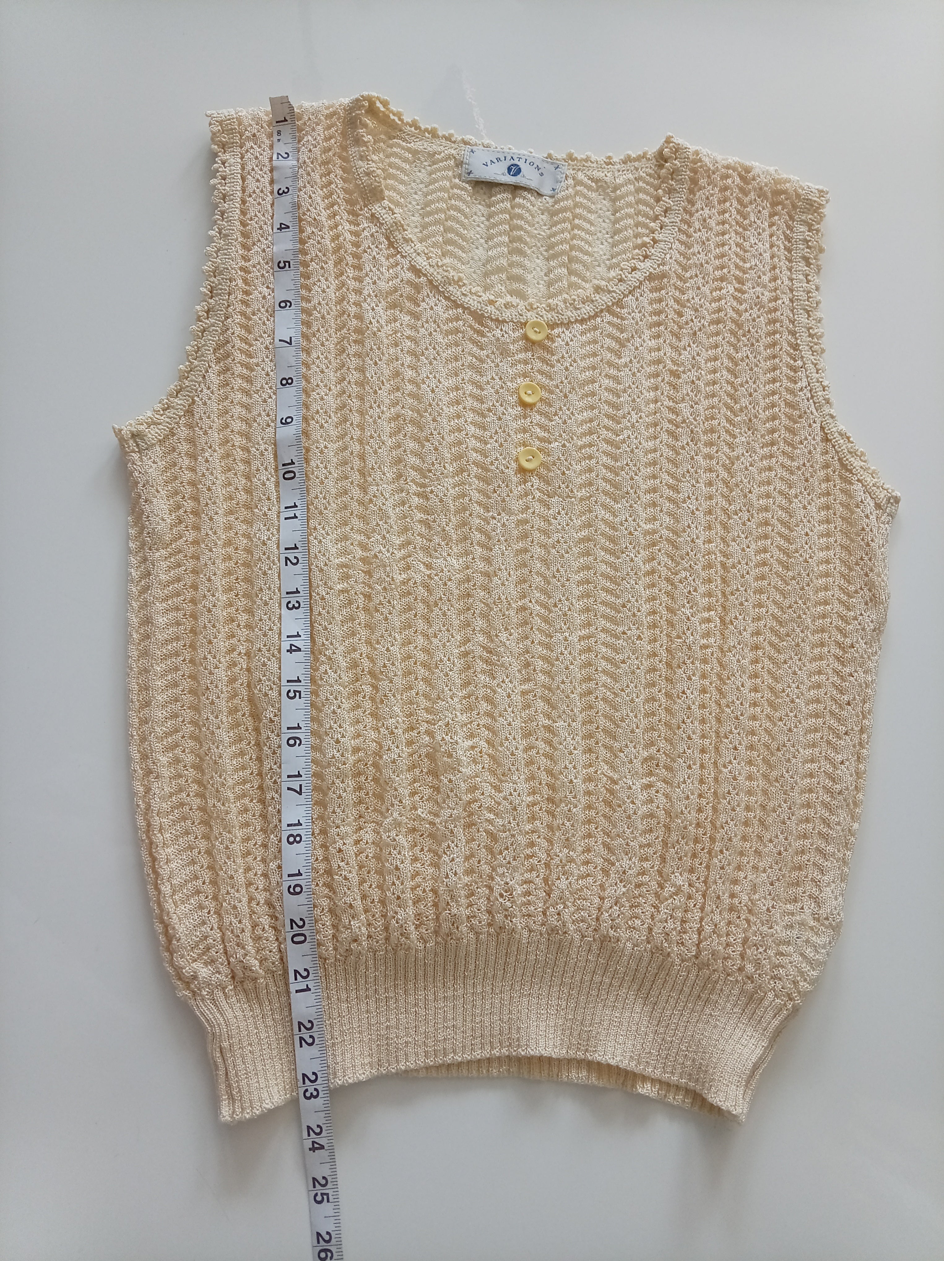Vintage Variations Cream Textured Knit Sleeveless Tank Top Vest Pearl Button Detail UK 12