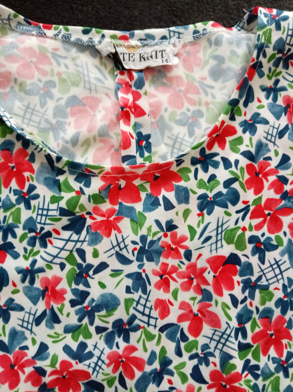 Vintage Butte Knit Floral Midi Dress UK 14 Retro 60s 70s Sleeveless Red Blue