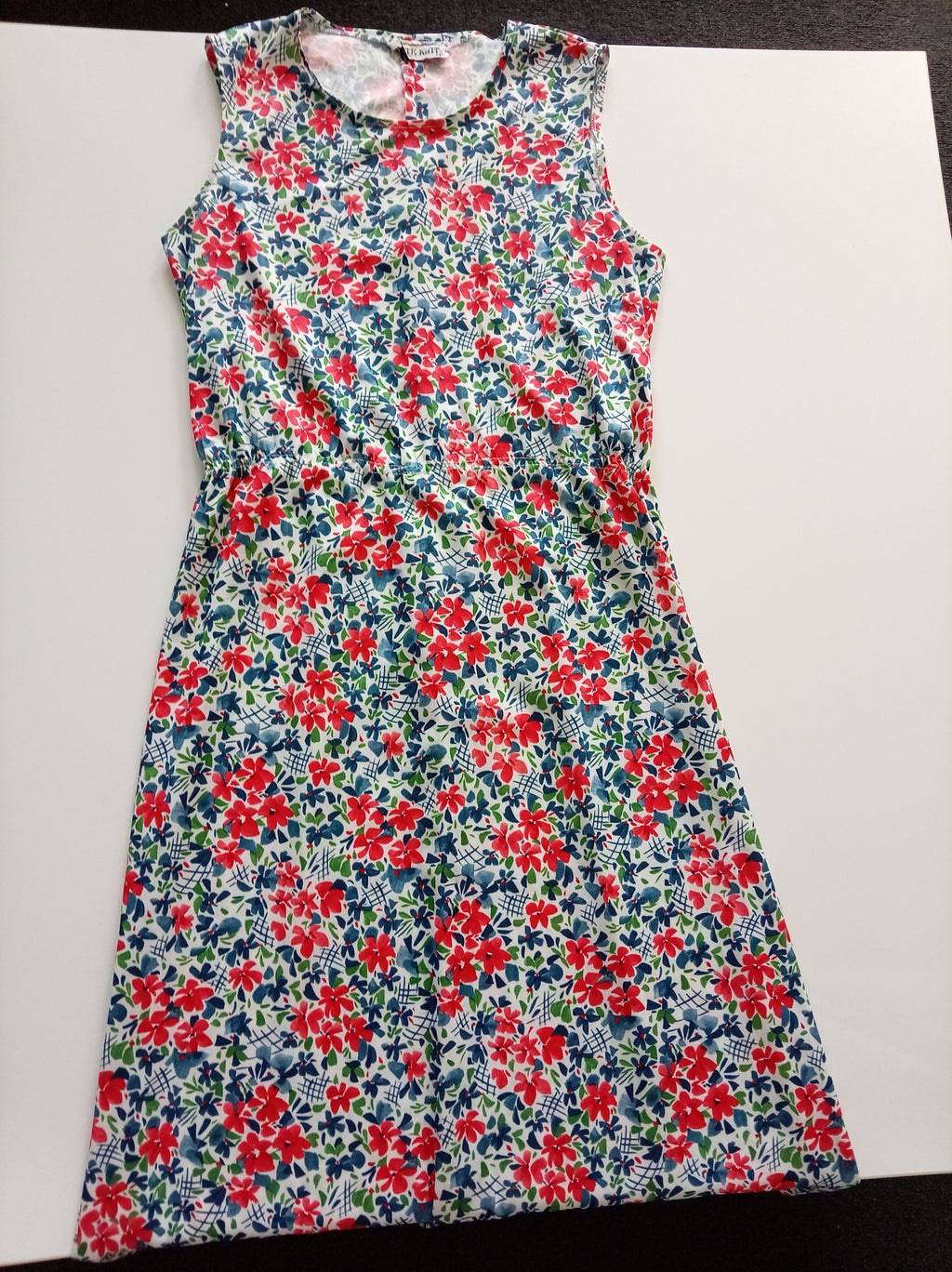 Vintage Butte Knit Floral Midi Dress UK 14 Retro 60s 70s Sleeveless Red Blue