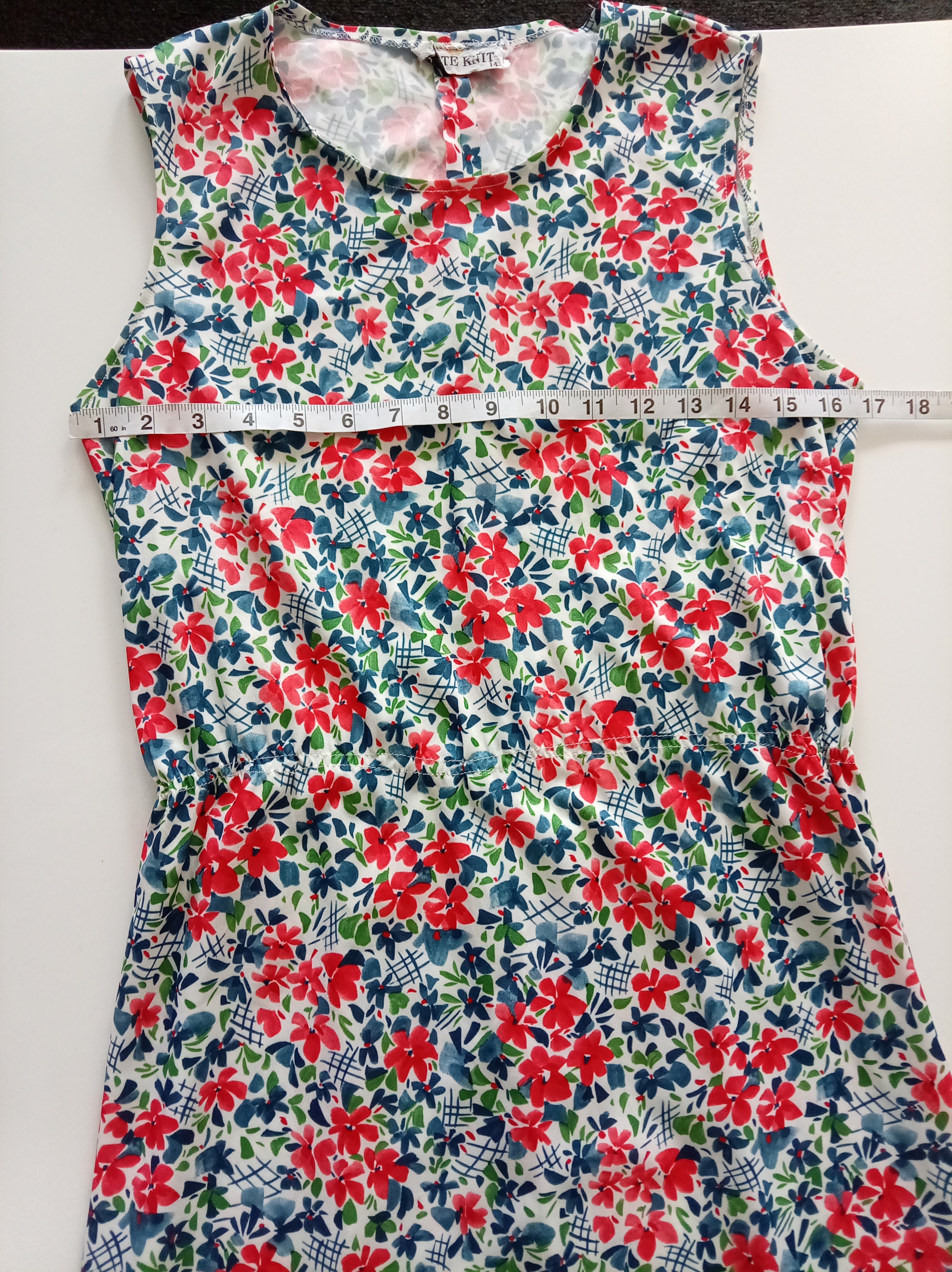 Vintage Butte Knit Floral Midi Dress UK 14 Retro 60s 70s Sleeveless Red Blue