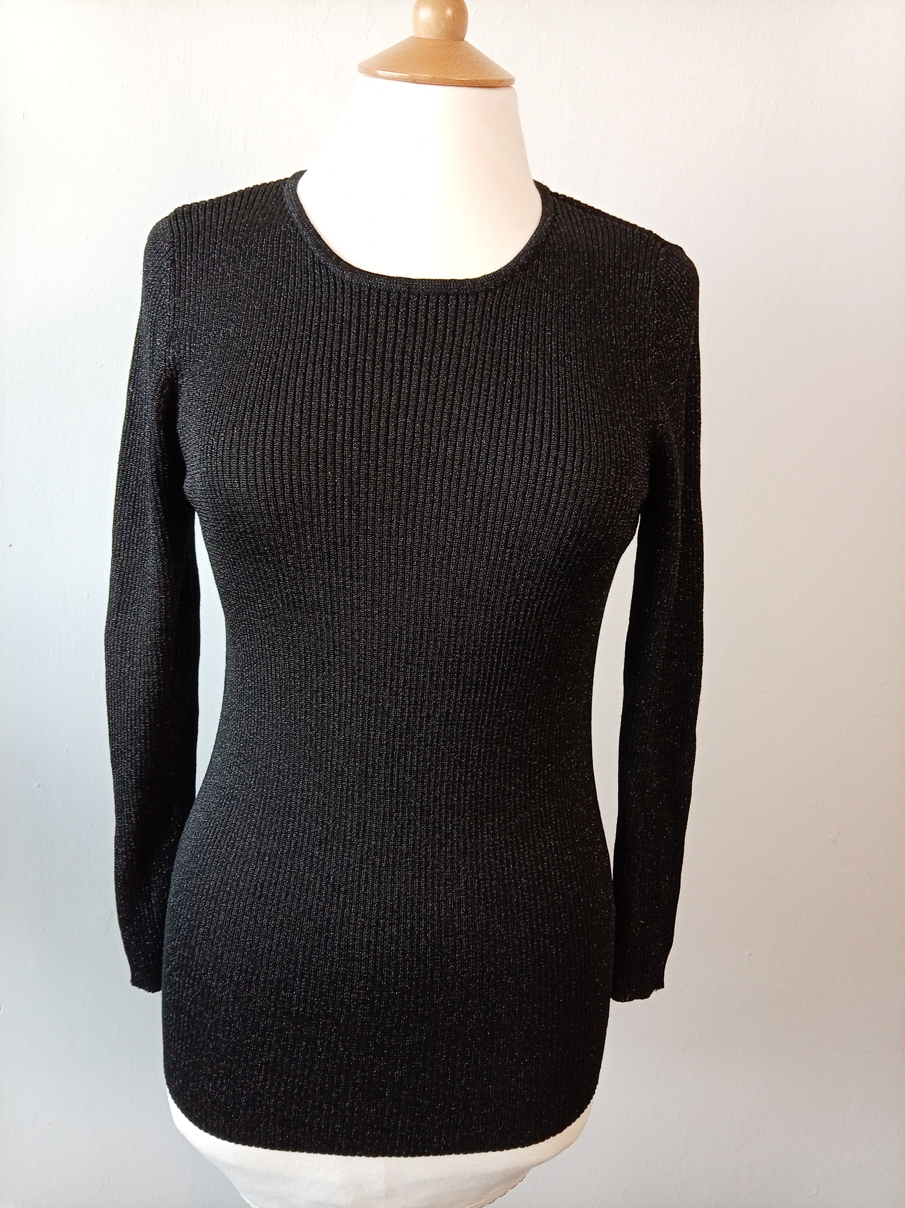 Olsen Black Shimmer Rib Knit Top UK 10 Long Sleeve Stretch Jumper Smart Casual