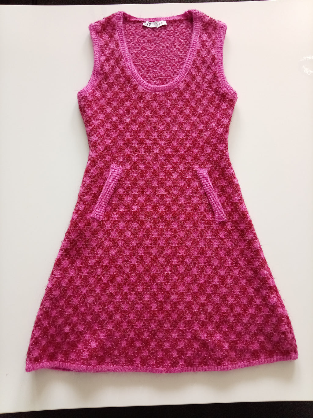 Zara Pink Burgundy Textured Knit Mini Dress Size M Sleeveless A-Line Pockets