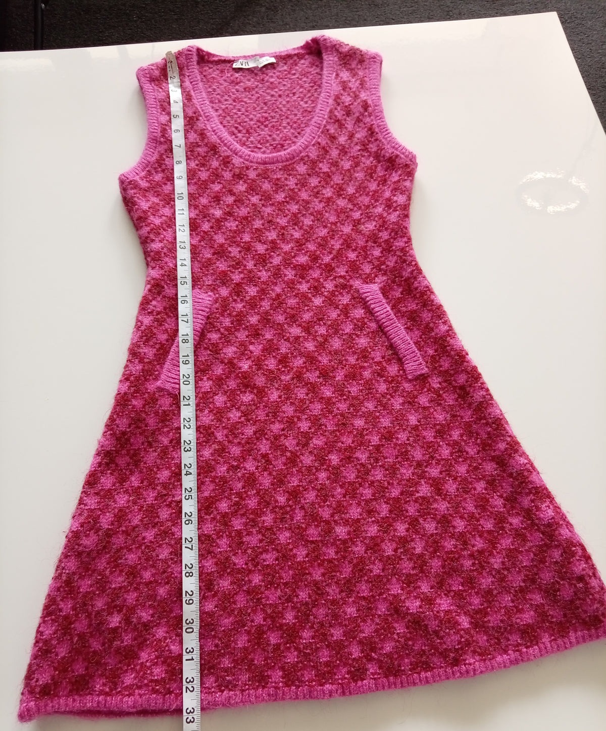 Zara Pink Burgundy Textured Knit Mini Dress Size M Sleeveless A-Line Pockets