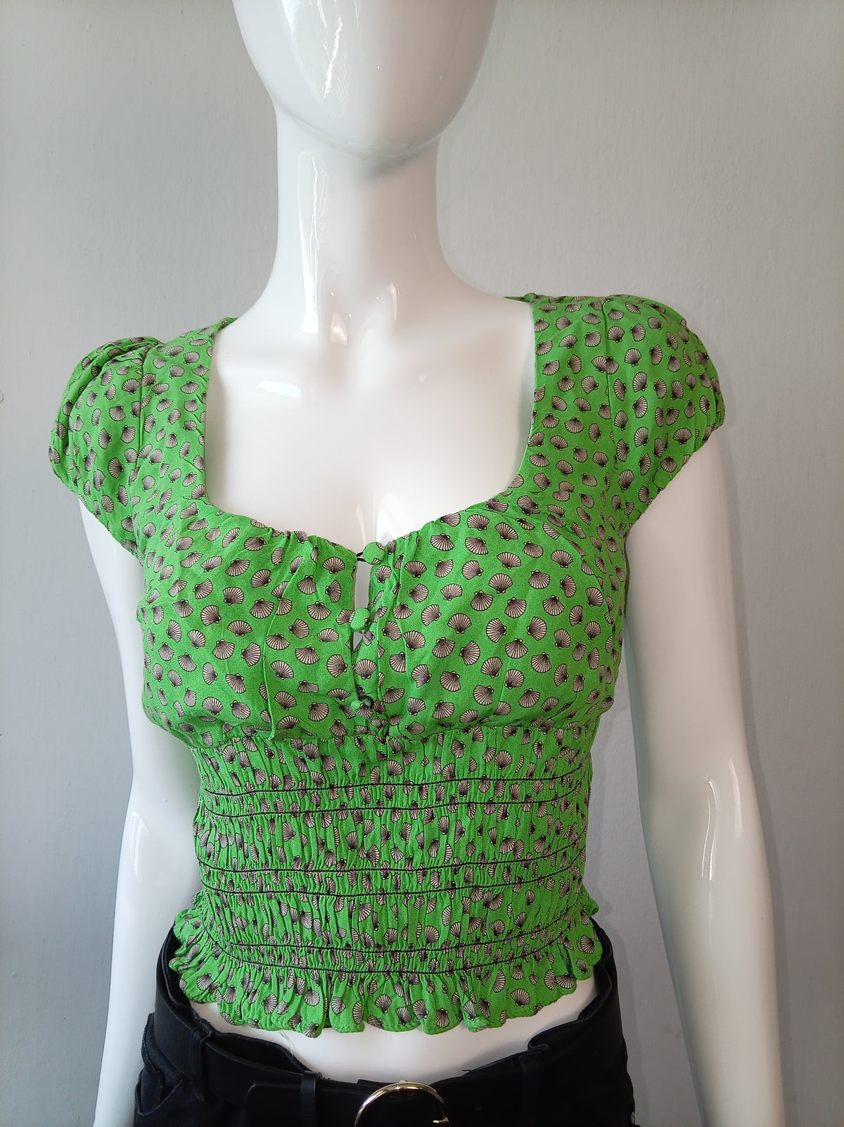 Topshop Green Seashell Print Shirred Crop Top UK 8