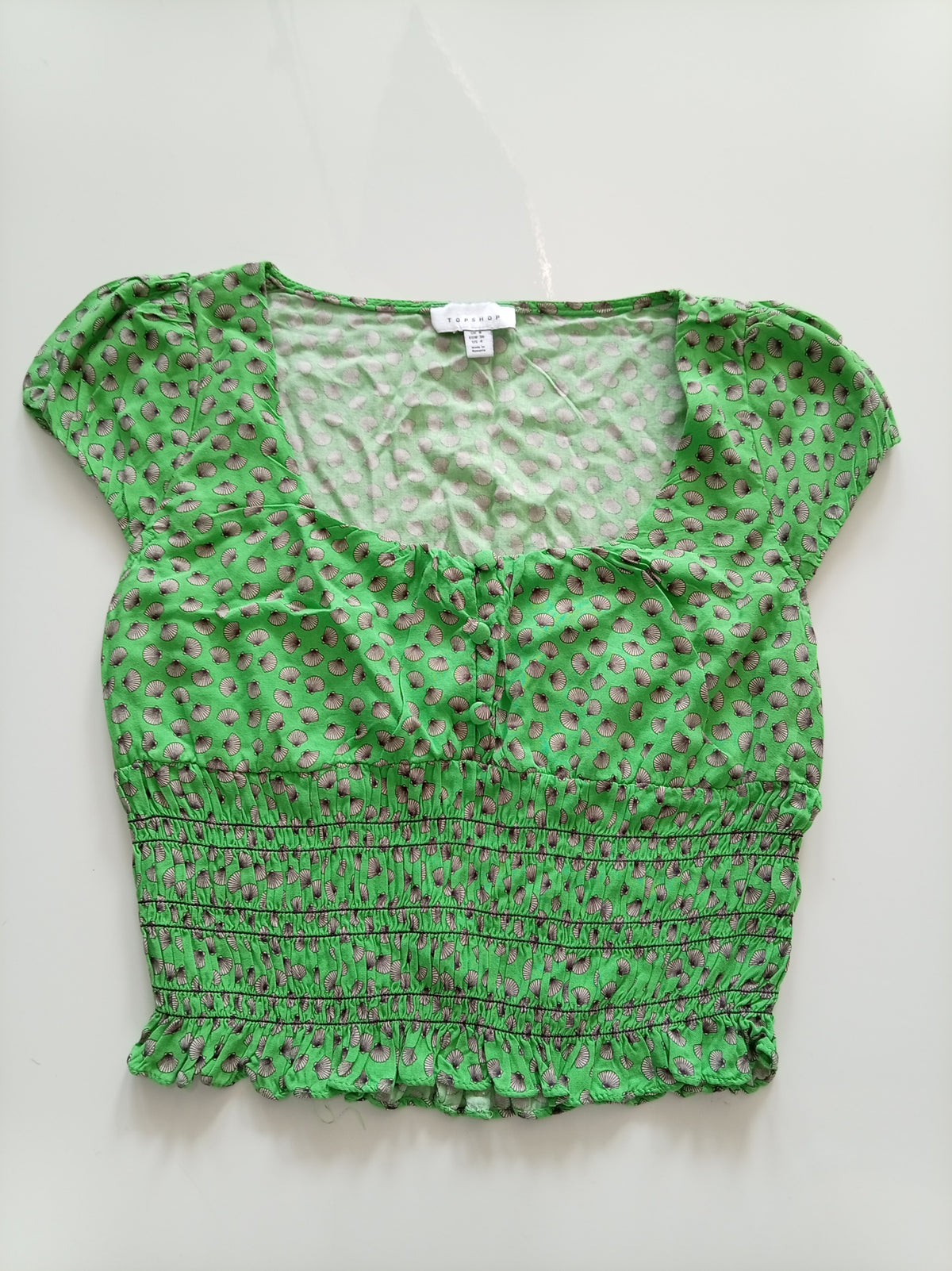 Topshop Green Seashell Print Shirred Crop Top UK 8