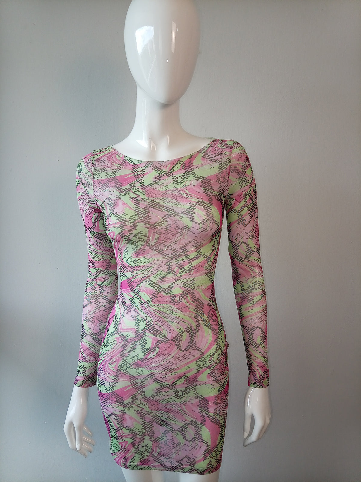 ASOS Design Pink & Green Snakeskin Mesh Bodycon Mini Dress – UK 8