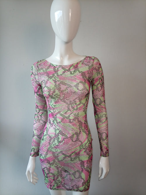 ASOS Design Pink & Green Snakeskin Mesh Bodycon Mini Dress – UK 8