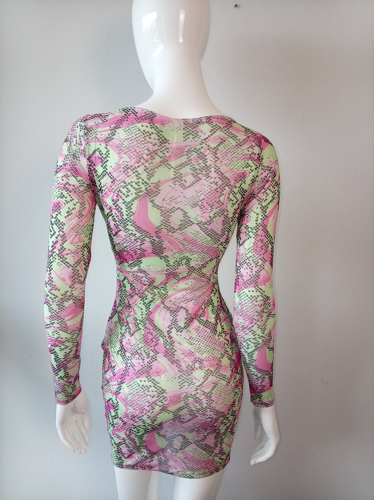 ASOS Design Pink & Green Snakeskin Mesh Bodycon Mini Dress – UK 8