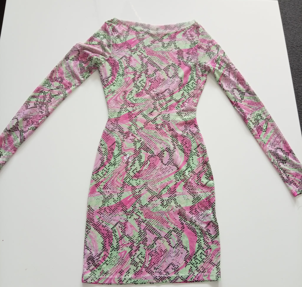 ASOS Design Pink & Green Snakeskin Mesh Bodycon Mini Dress – UK 8