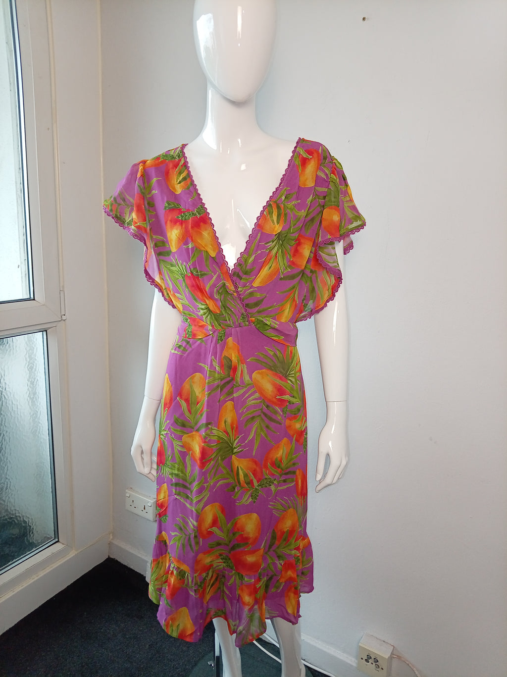 Monsoon Purple Tropical Print Midi Dress – BNWT – UK 20