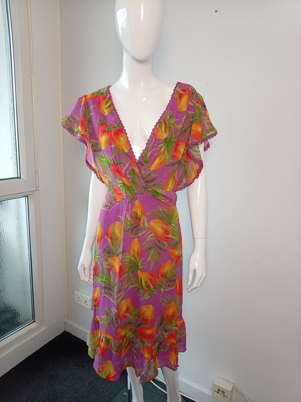 Monsoon Purple Tropical Print Midi Dress – BNWT – UK 20