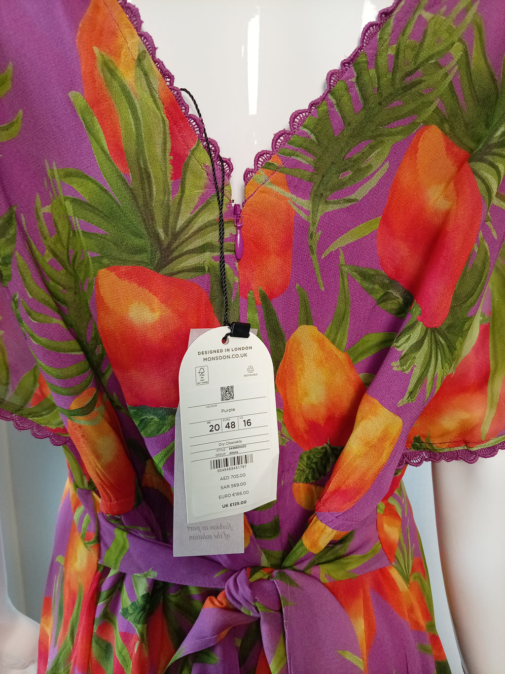 Monsoon Purple Tropical Print Midi Dress – BNWT – UK 20