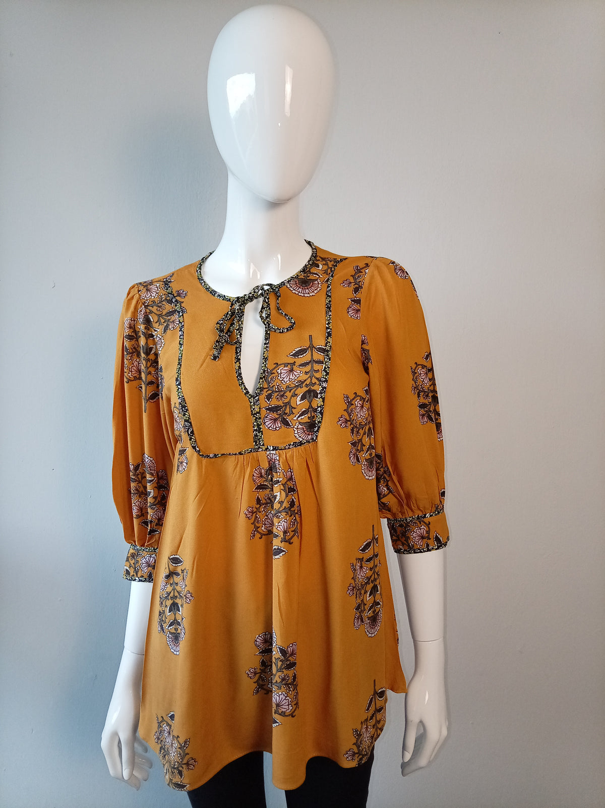 Monsoon Ochre Floral Tie Neck Blouse Size S BNWT