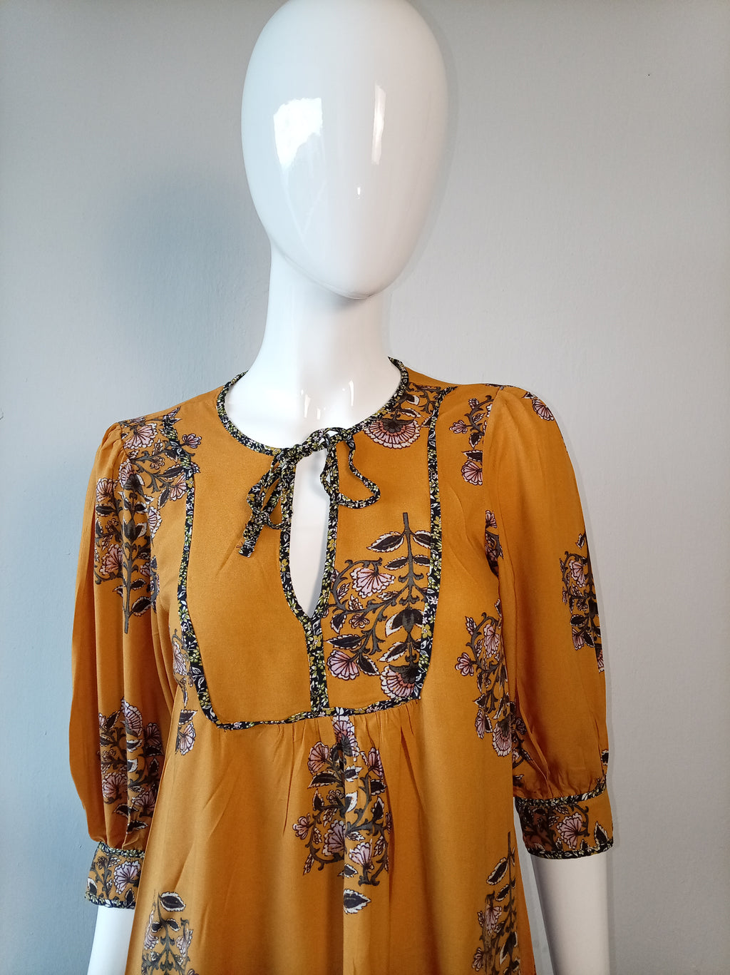 Monsoon Ochre Floral Tie Neck Blouse Size S BNWT