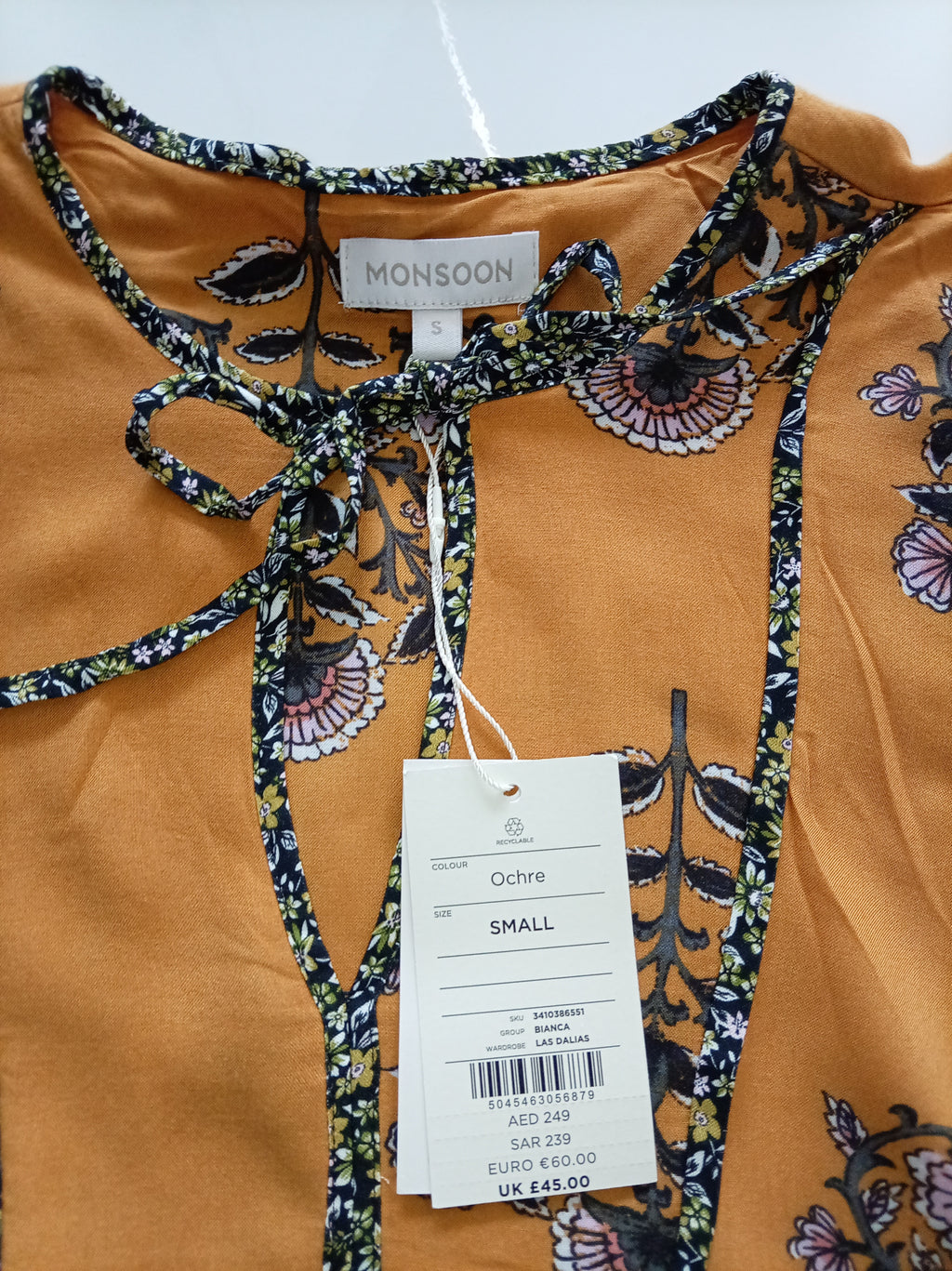 Monsoon Ochre Floral Tie Neck Blouse Size S BNWT