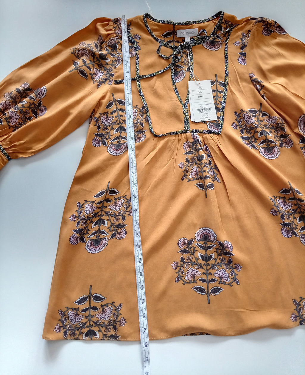 Monsoon Ochre Floral Tie Neck Blouse Size S BNWT