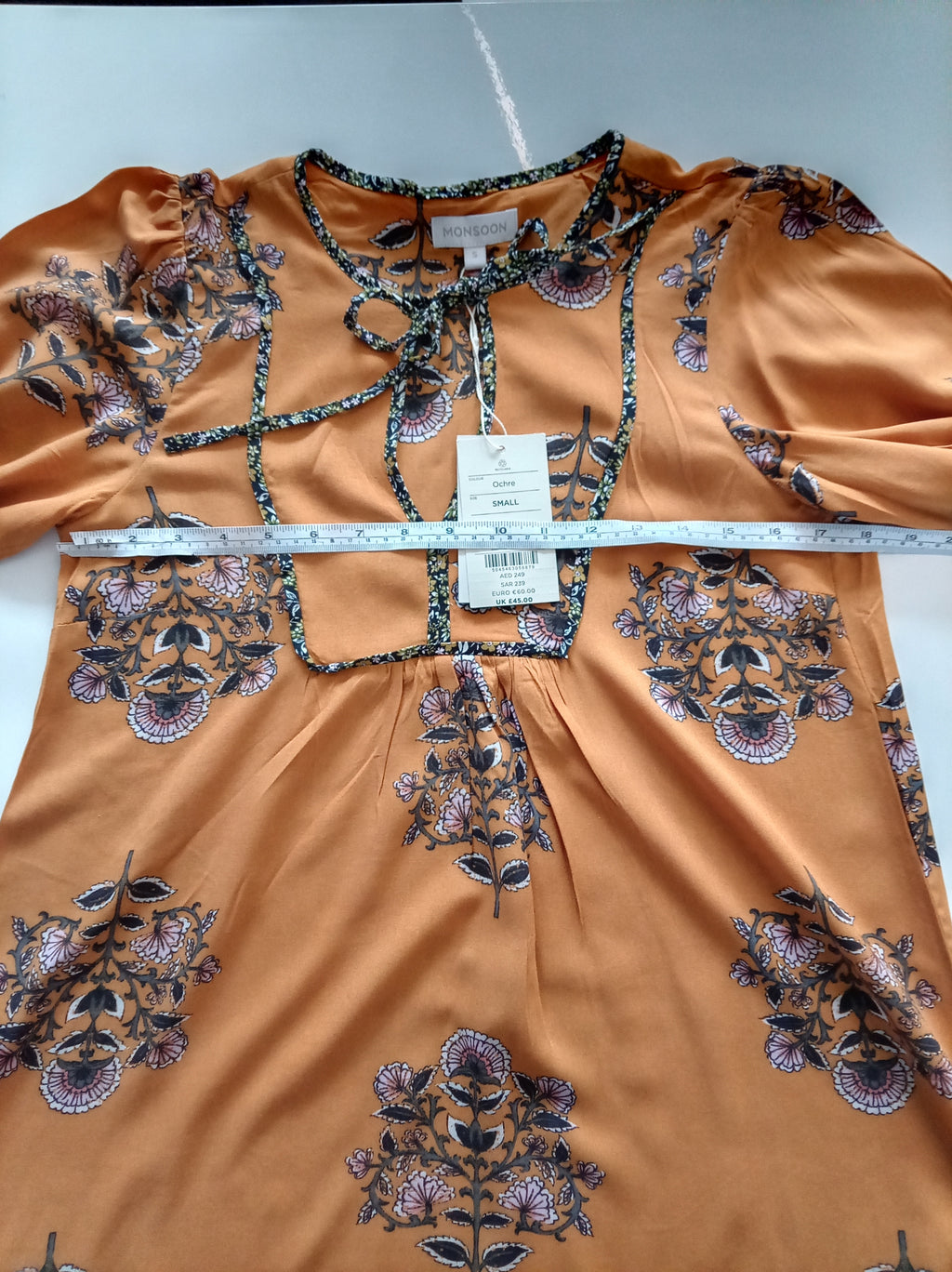 Monsoon Ochre Floral Tie Neck Blouse Size S BNWT