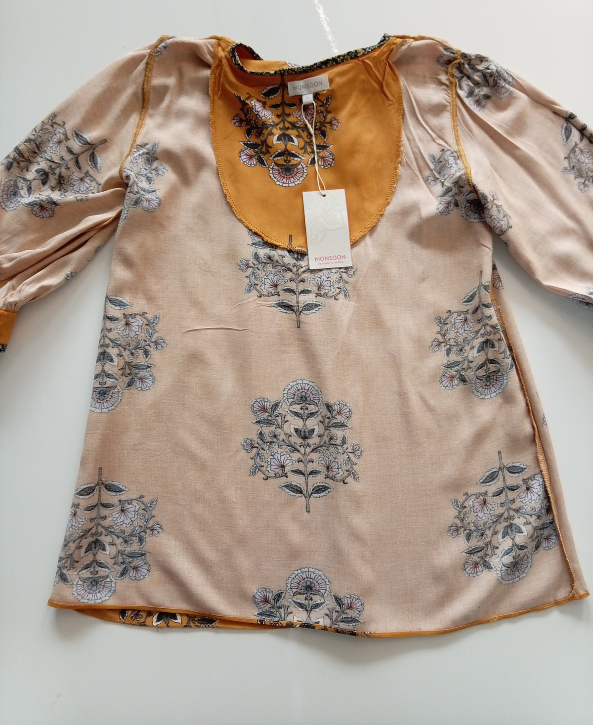 Monsoon Ochre Floral Tie Neck Blouse Size S BNWT