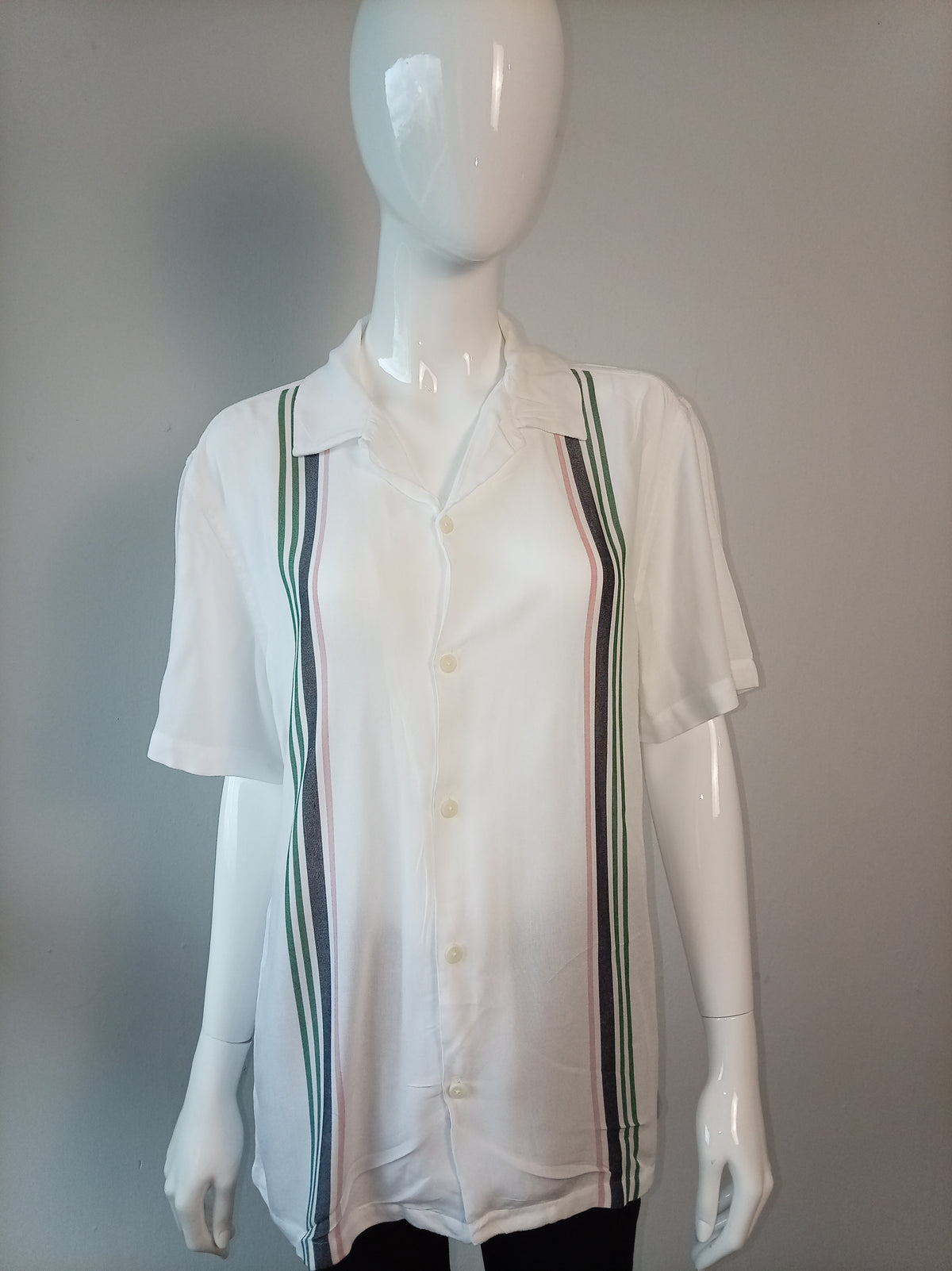 Zara Men’s Retro Stripe Short Sleeve Shirt White Green Pink Size M