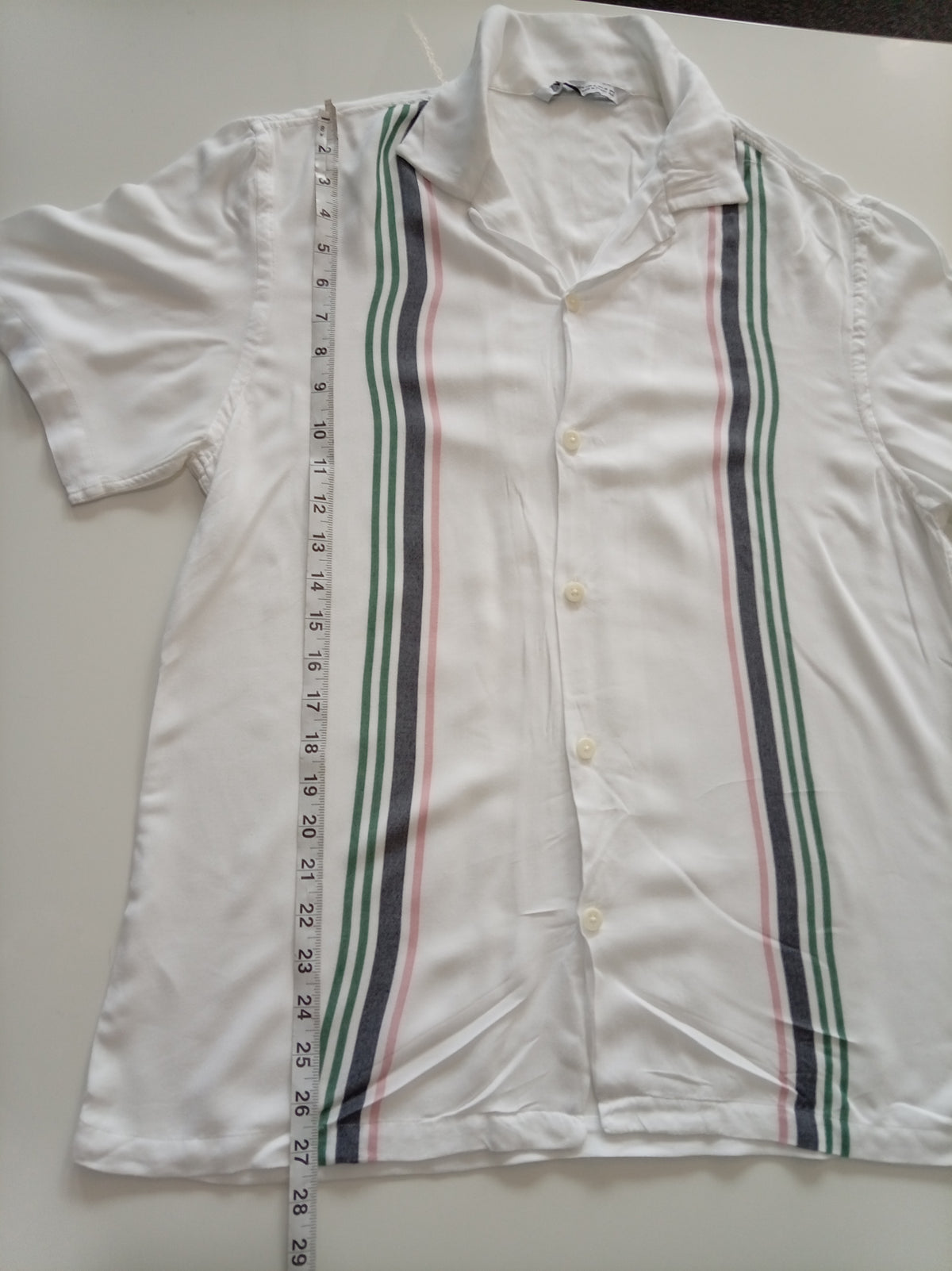 Zara Men’s Retro Stripe Short Sleeve Shirt White Green Pink Size M