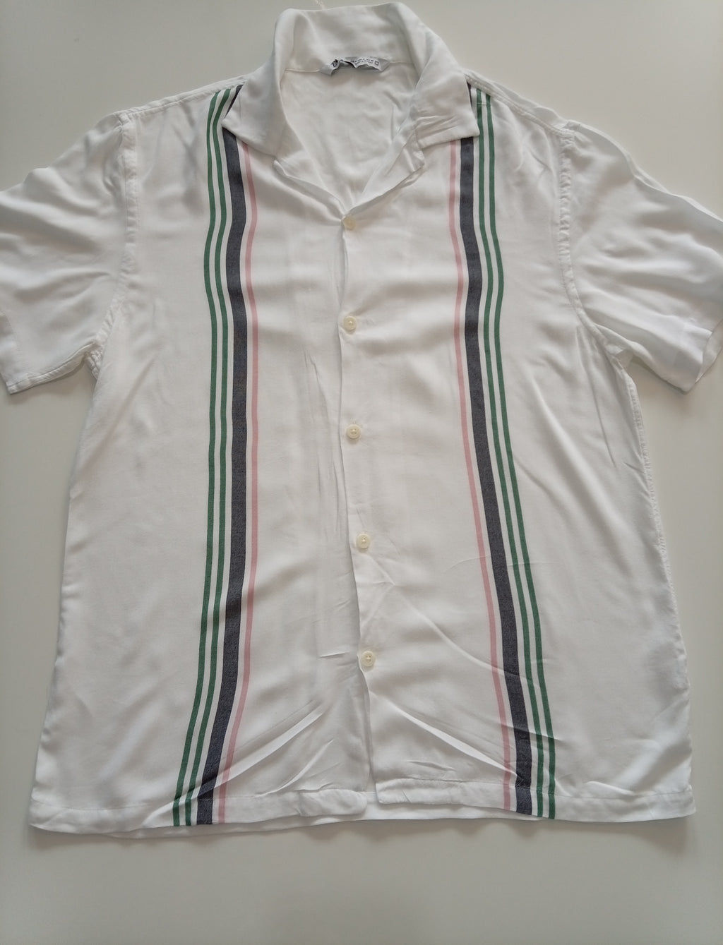 Zara Men’s Retro Stripe Short Sleeve Shirt White Green Pink Size M