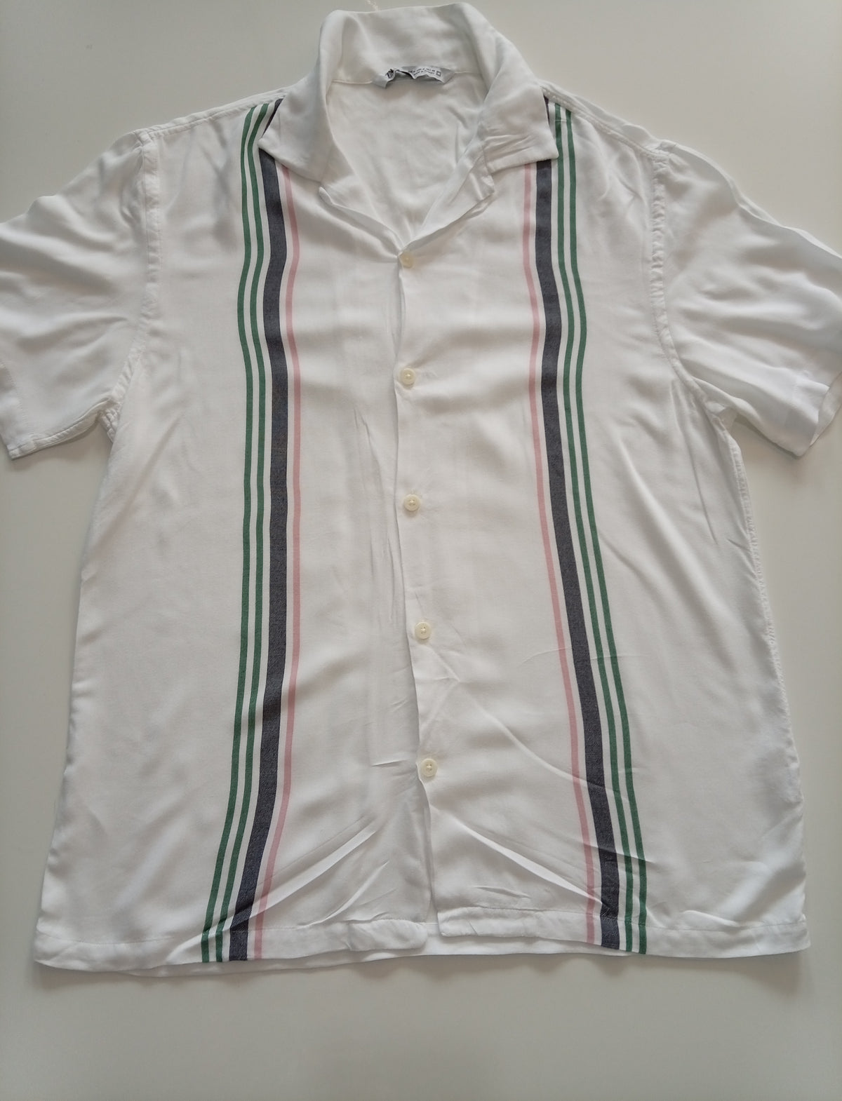 Zara Men’s Retro Stripe Short Sleeve Shirt White Green Pink Size M