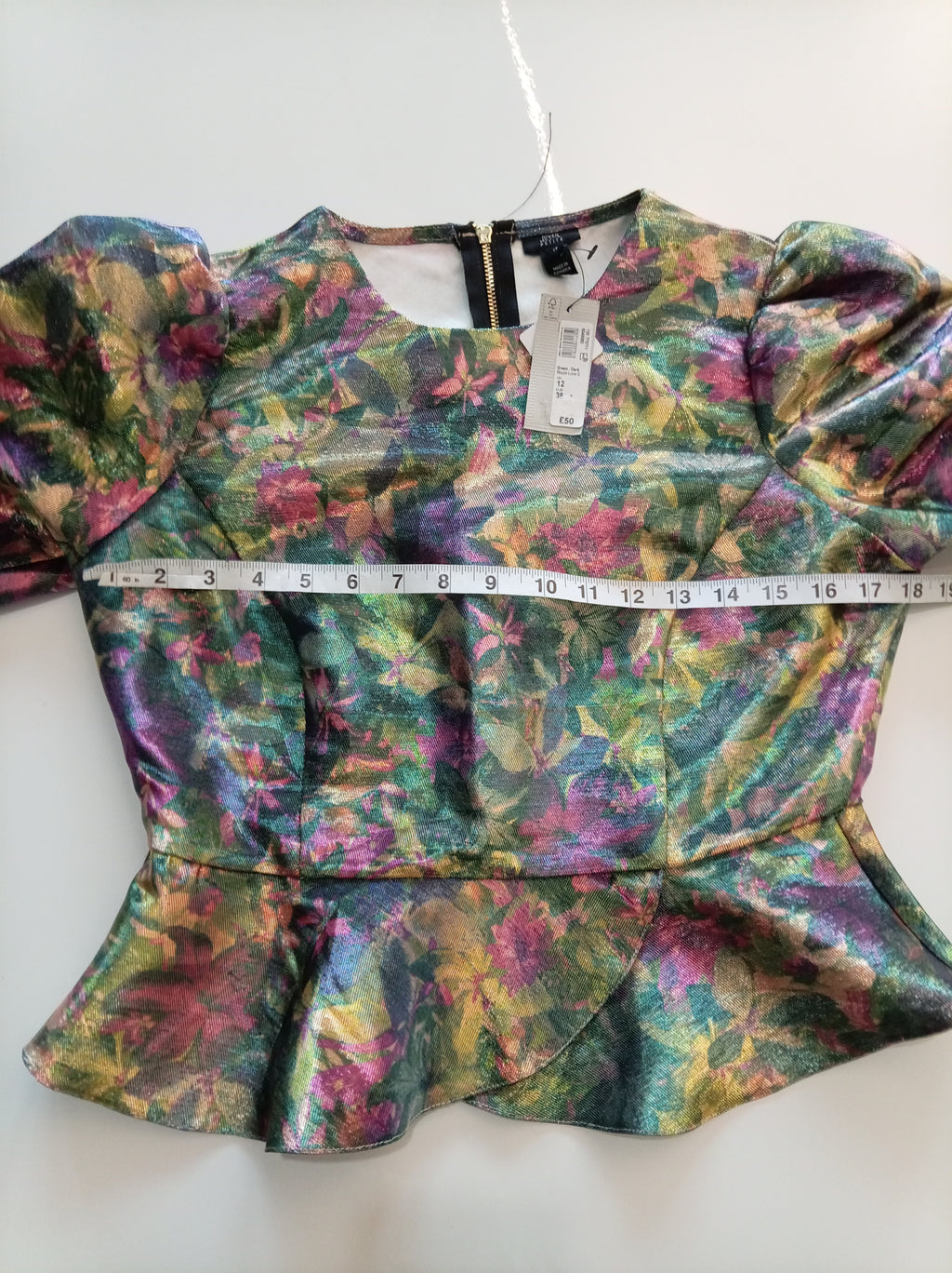 River Island Boutique Luxe Metallic Floral Peplum Top – UK 12 – BNWT