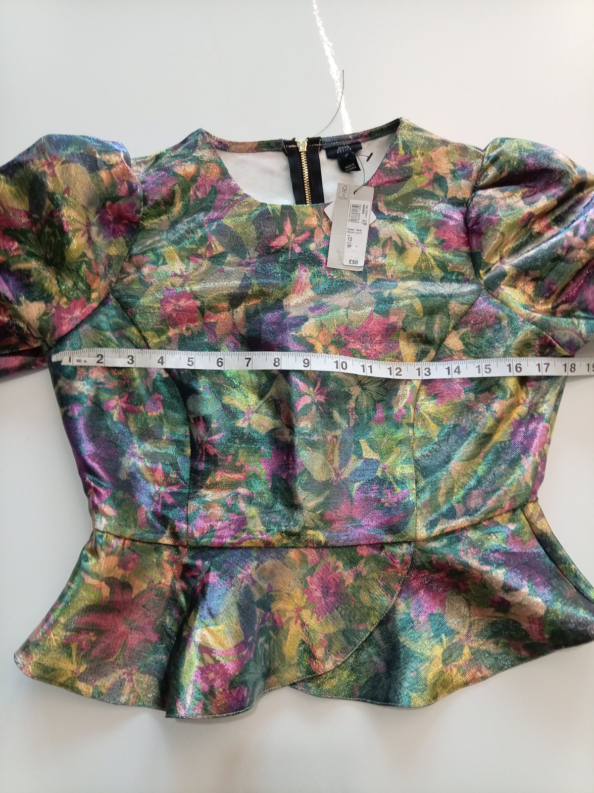 River Island Boutique Luxe Metallic Floral Peplum Top – UK 12 – BNWT