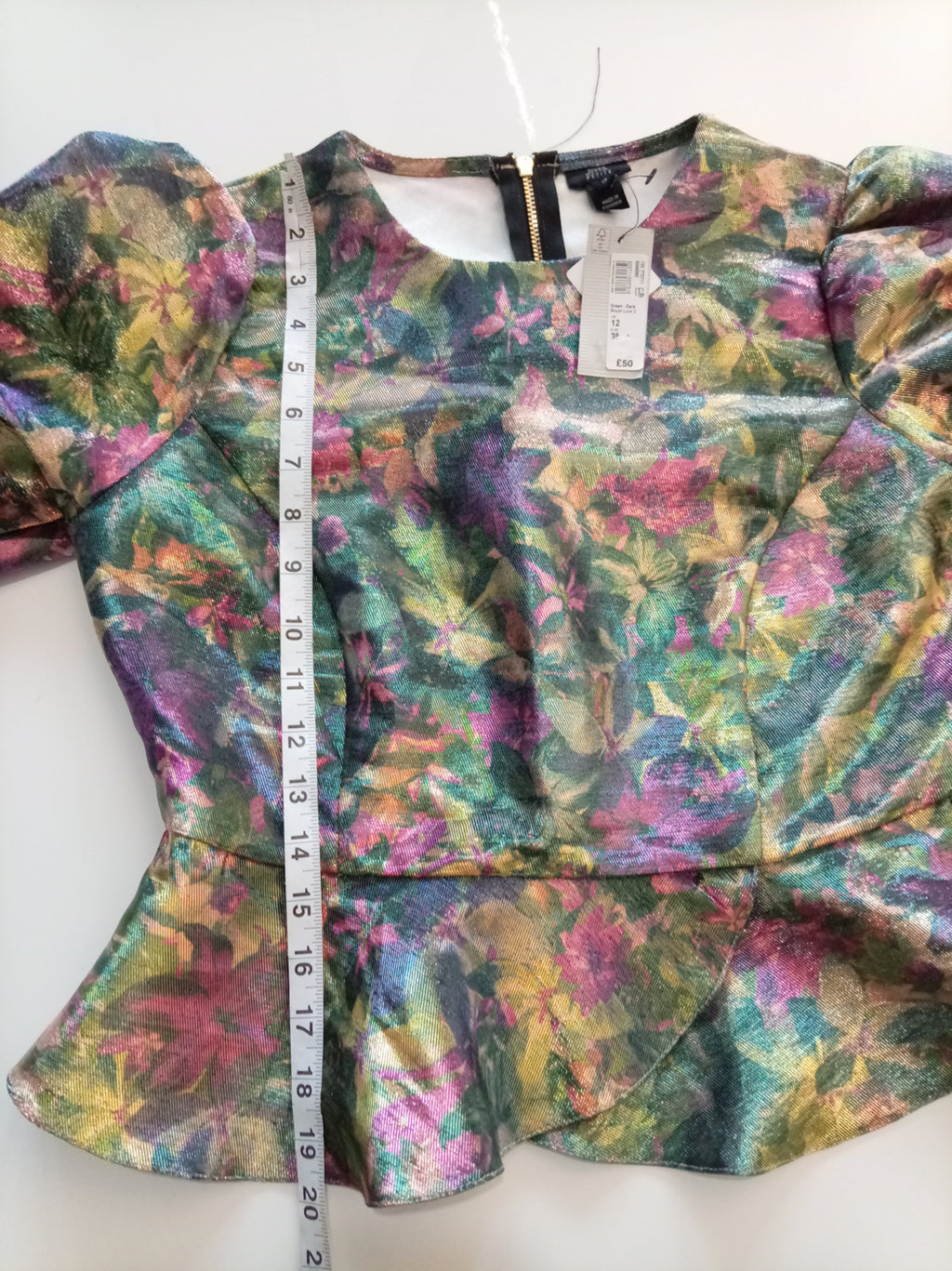 River Island Boutique Luxe Metallic Floral Peplum Top – UK 12 – BNWT