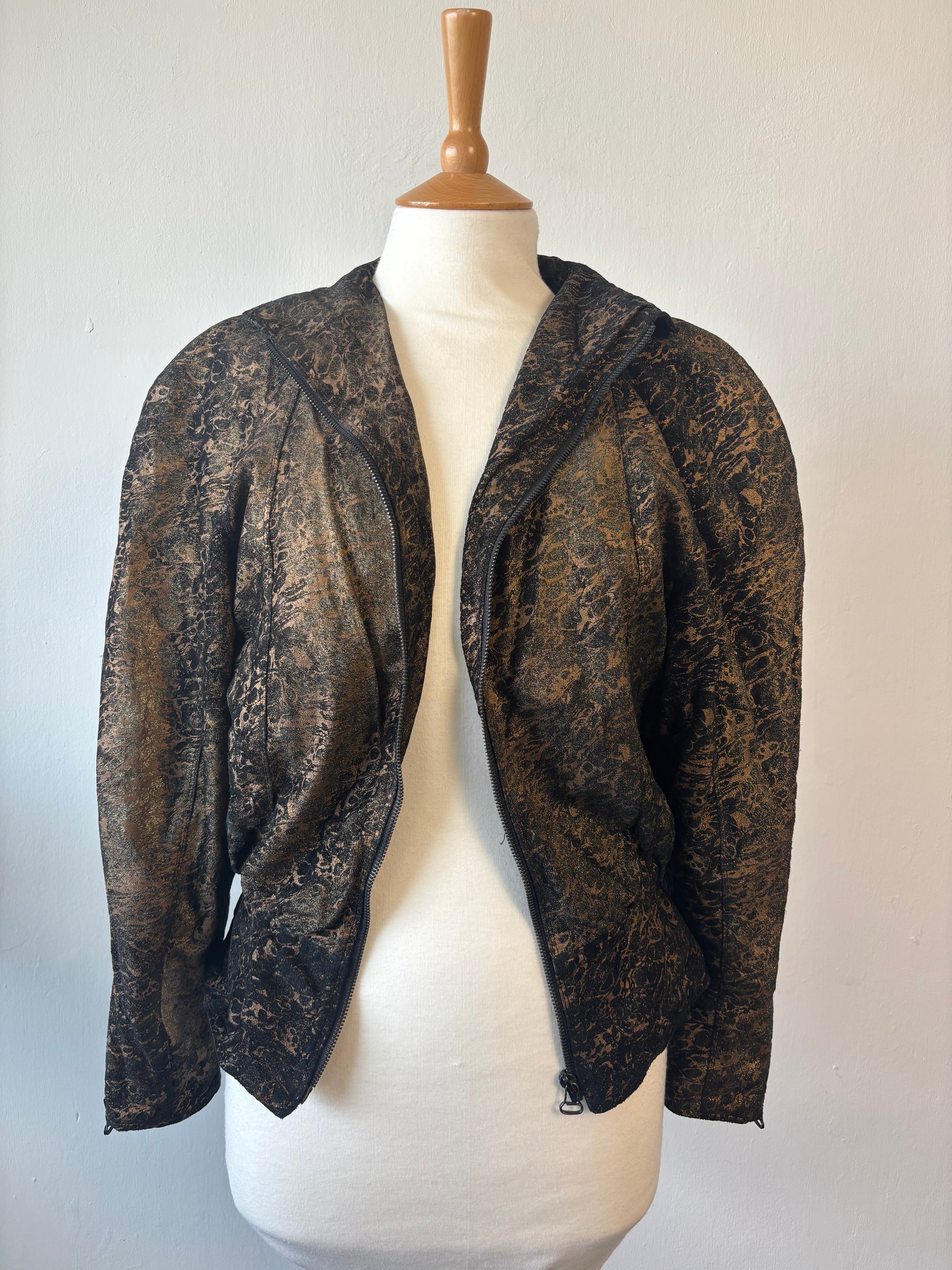 Vintage 80s Made in Italy Metallic Abstract Jacket – Zip Front, Pockets – UK 10–12