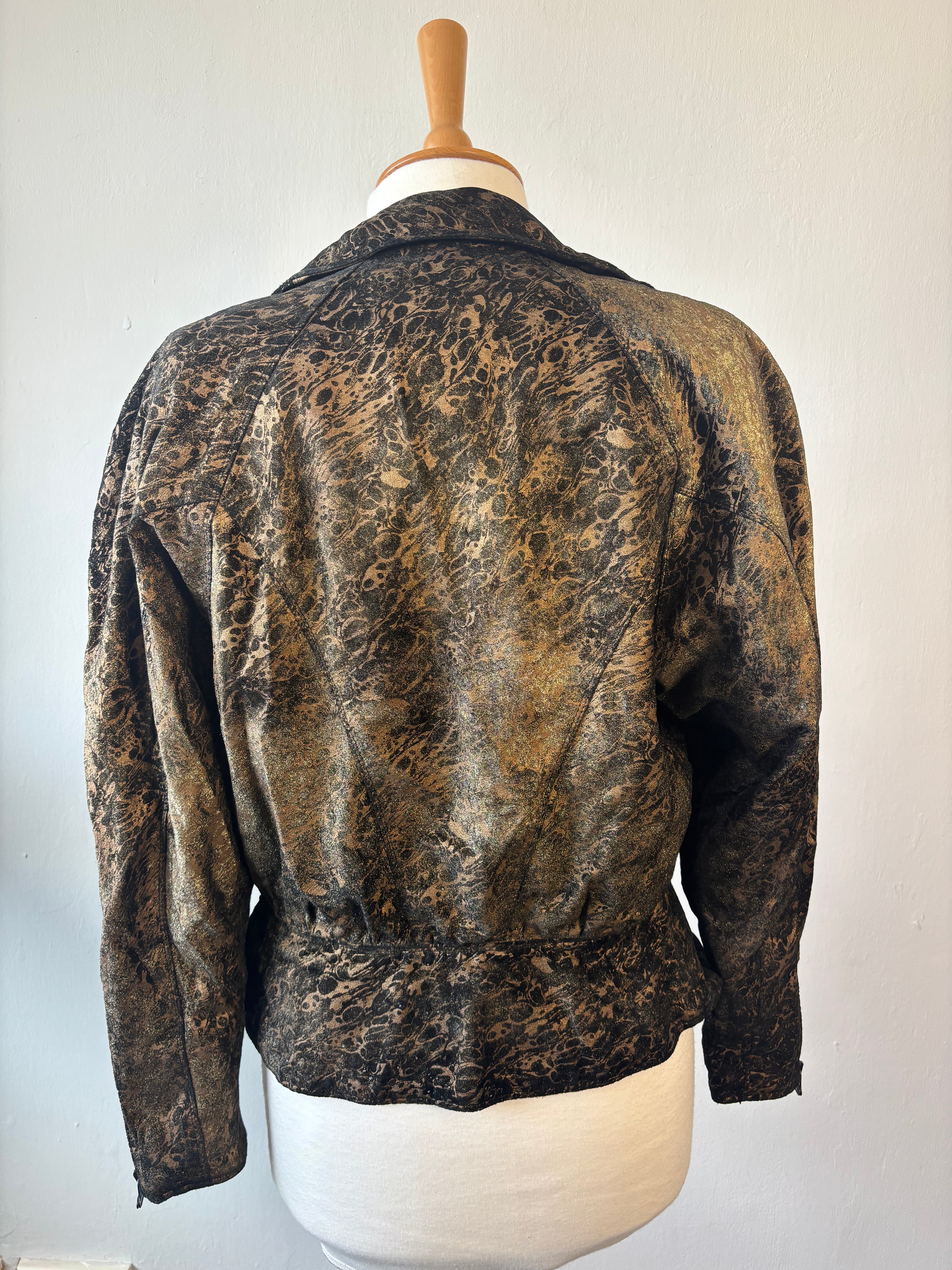 Vintage 80s Made in Italy Metallic Abstract Jacket – Zip Front, Pockets – UK 10–12