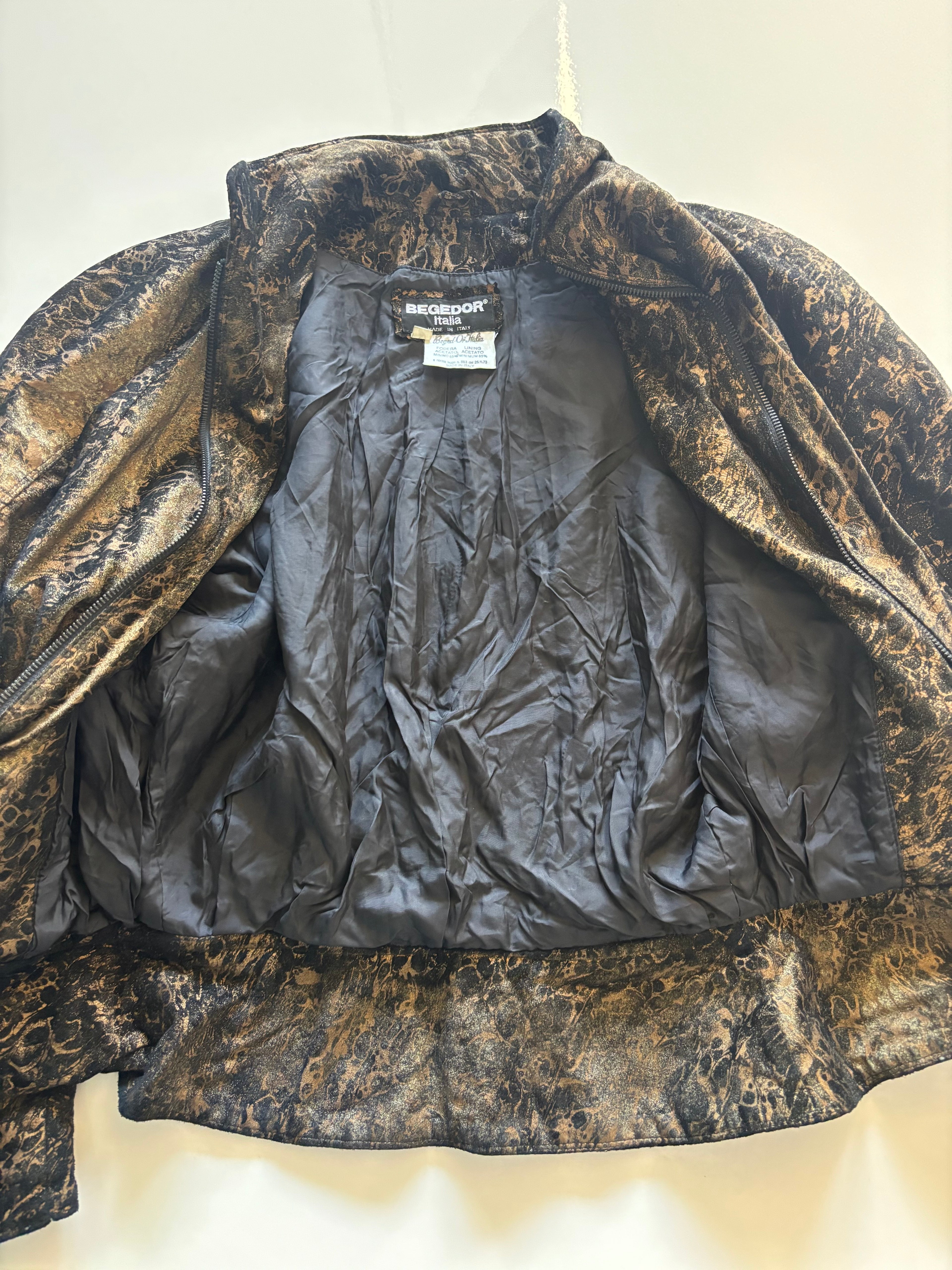 Vintage 80s Made in Italy Metallic Abstract Jacket – Zip Front, Pockets – UK 10–12